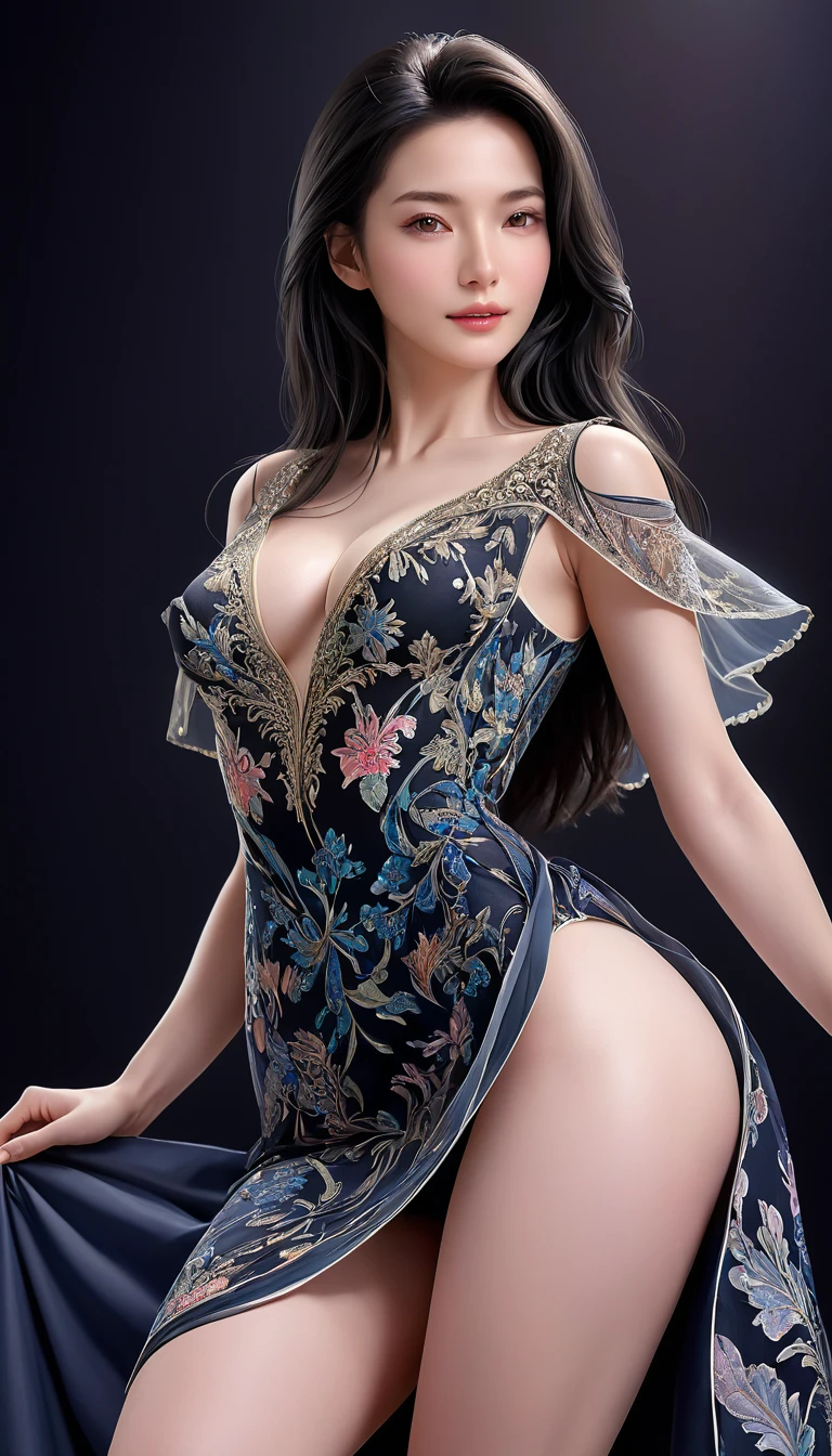 ((最大16K解像度のmasterpiece:1.6)),beautiful,Highest quality,Absolutely wonderful,Very detailed,Ultra-high resolution,masterpiece,Realistic,Realistic,Increased depth of field,Cinematic Light,
One elegant mature woman, Long black hair,精巧なディテールのbeautiful顔,Face with a gentle expression,Transparent white skin,Very delicate skin texture,Great proportions,Anatomically correct body,
high slit dress,Gorgeous colors,Gorgeous and detailed pattern,Beautifully detailed pattern,Detailed cloth texture,
Black Background,((Dramatic Angle:1.3)),