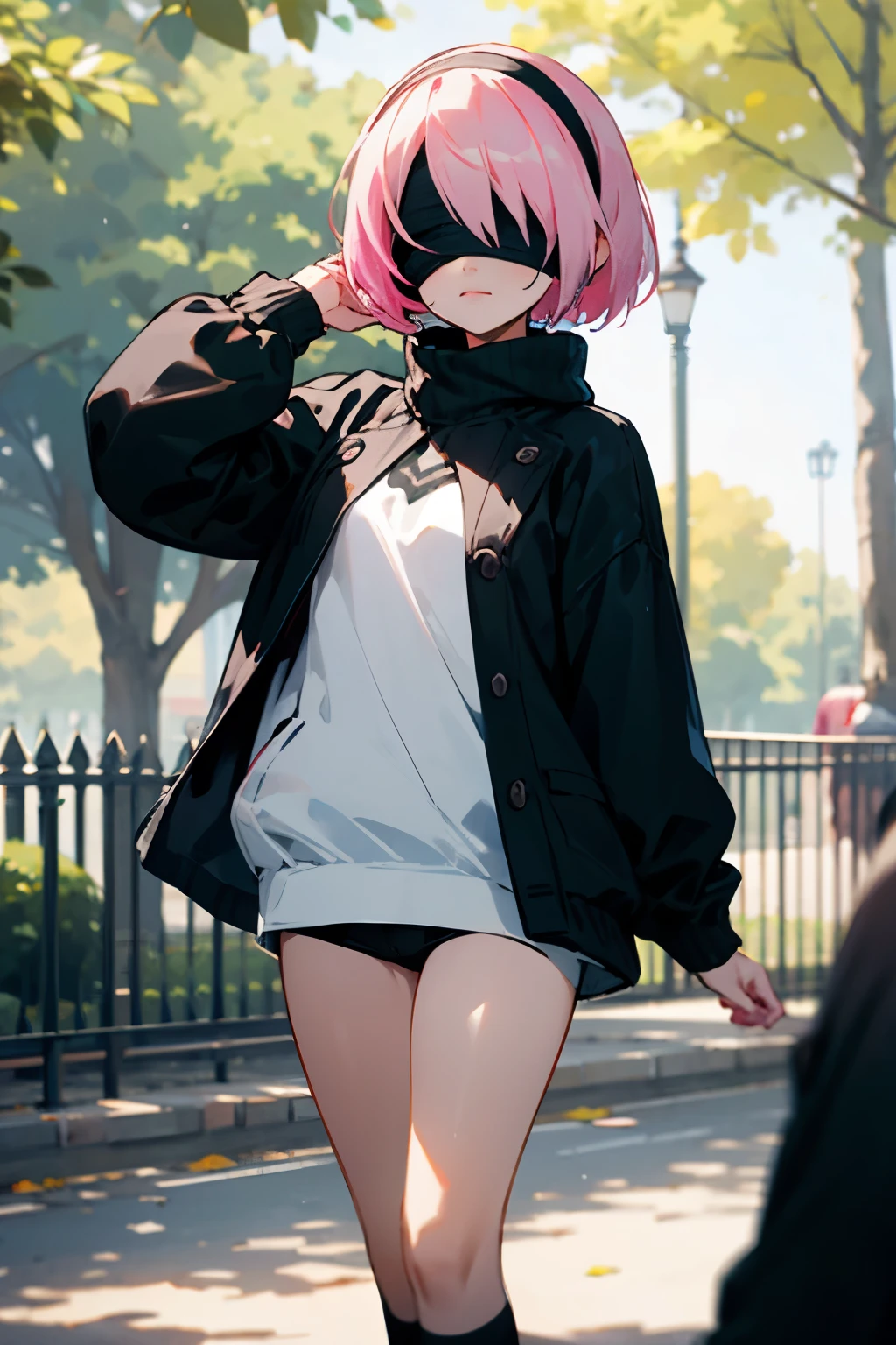 2B_NA, pink hair, black blindfold, black hairband, with a white sweatshirt, with long black socks, in a park