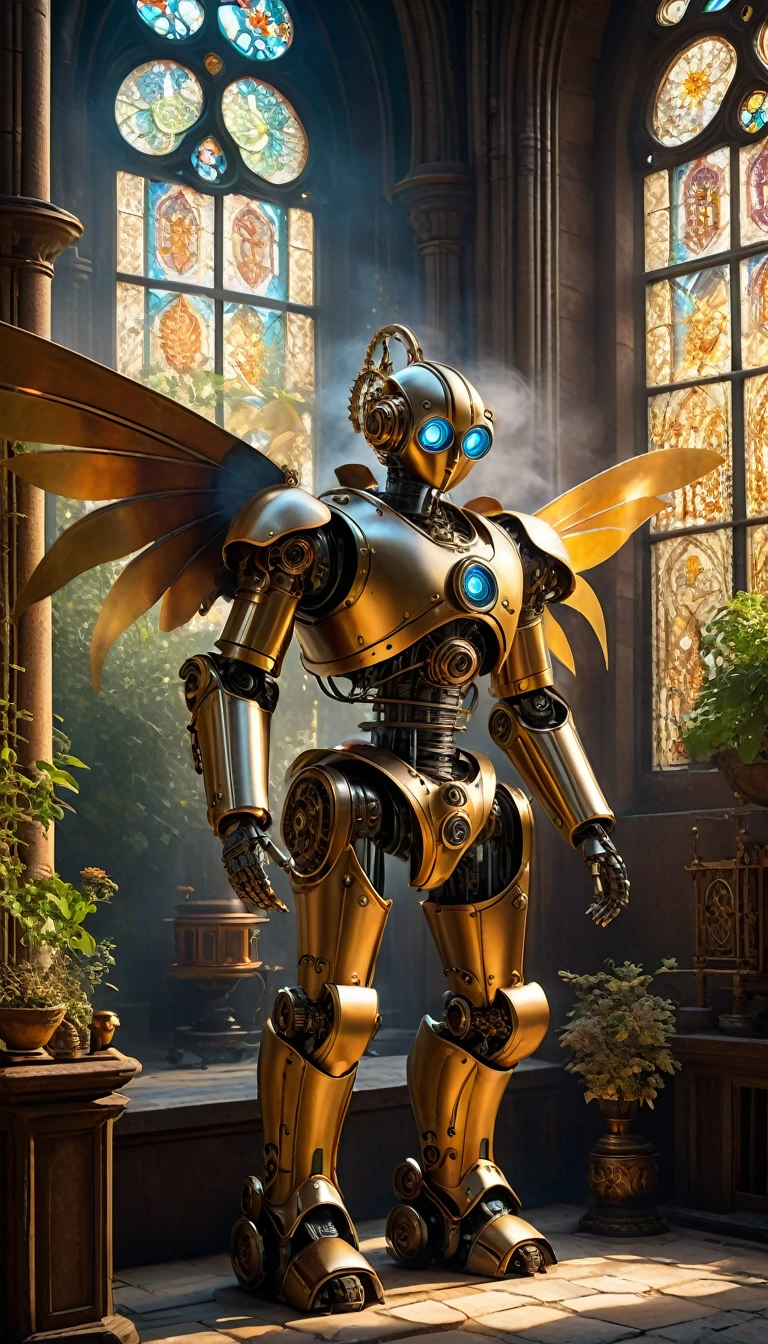 (best quality,4k,8k,highres,masterpiece:1.2),ultra-detailed,(realistic,photorealistic,photo-realistic:1.37),medieval monastery garden,steampunk robot monk,beautiful ornate architecture,steampunk machinery and gears,exquisite stained glass windows,enchanted flower garden,ancient stone walkway with intricate carvings,glowing candles and dimly lit atmosphere,steam and smoke billowing from the machinery,mystical atmosphere,peaceful and serene setting,mechanical wings attached to the robot monk's back,robot monk with intricate clockwork mechanisms,electromechanical eyes glowing with energy,warm golden color palette,gentle sunlight streaming through the stained glass windows,whispering sound of wind and rustling leaves,the scent of aged books and incense,notes of ancient Gregorian chants echoing in the air,sense of awe and tranquility,combination of futuristic and medieval elements,harmony of technology and spirituality. Scarlett Johanson, Alison Brie, Selena Gomez.