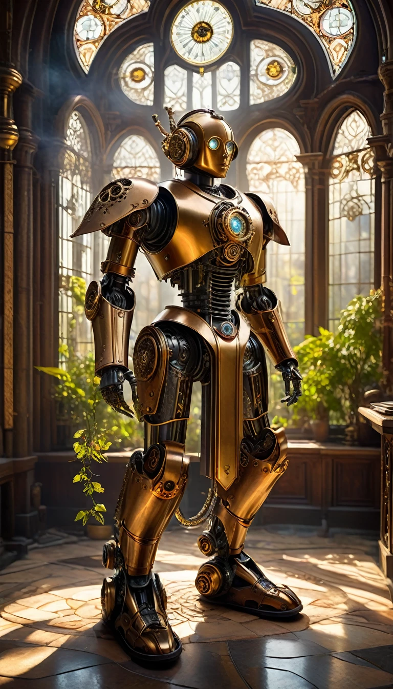 (best quality,4k,8k,highres,masterpiece:1.2),ultra-detailed,(realistic,photorealistic,photo-realistic:1.37),medieval monastery garden,steampunk robot monk,beautiful ornate architecture,steampunk machinery and gears,exquisite stained glass windows,enchanted flower garden,ancient stone walkway with intricate carvings,glowing candles and dimly lit atmosphere,steam and smoke billowing from the machinery,mystical atmosphere,peaceful and serene setting,mechanical wings attached to the robot monk's back,robot monk with intricate clockwork mechanisms,electromechanical eyes glowing with energy,warm golden color palette,gentle sunlight streaming through the stained glass windows,whispering sound of wind and rustling leaves,the scent of aged books and incense,notes of ancient Gregorian chants echoing in the air,sense of awe and tranquility,combination of futuristic and medieval elements,harmony of technology and spirituality. Scarlett Johanson, Alison Brie, Selena Gomez.