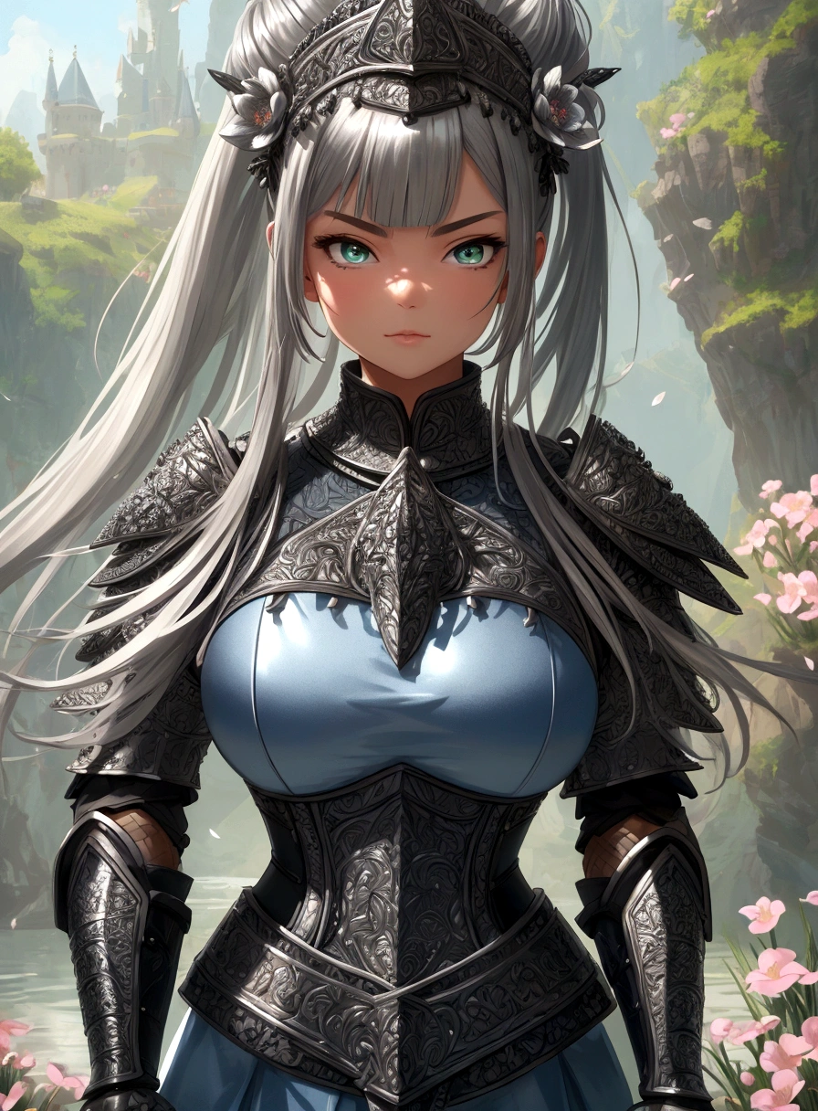 3d animation, chibi character, (masterpiece, best quality),(extremely intricate:1.3), (realistic), 1girl, milf, triple D cup breasts, round buttocks, bubbly ass, thoughts, caucasian, green eyes, perfect eyes, perfect iris, perfect pupils, perfect lips, perfect nose, perfect hands, very detailed hands, perfect fingers, black hair, short hair, straight hair, bobbles ponytail hair, (medieval armor), metal reflections, (((silver armor))), outdoors, far away castle, (ornately decorated armor), (insanely detailed, bloom:1.5), chainmail, intense sunlight, professional photograph of a stunning woman detailed, sharp focus, award winning, cinematic lighting, blurry background, upper body, ((confident)), (Pose:looking at the camera), shadows, contrast, clear blue sky, constellations, peaceful, serene, quiet, tranquil, remote, secluded, adventurous, exploration, escape, independence, survival, resourcefulness, challenge, perseverance, stamina, endurance, observation, intuition, adaptability, creativity, imagination, artistry, inspiration, beauty, awe, wonder, gratitude, appreciation, relaxation, enjoyment, rejuvenation, mindfulness, awareness, connection, harmony, balance, texture, detail, realism, depth, perspective, composition, color, light, shadow, reflection, refraction, tone, contrast, foreground, middle ground, background, naturalistic, figurative, representational, impressionistic, expressionistic, abstract, innovative, experimental, unique