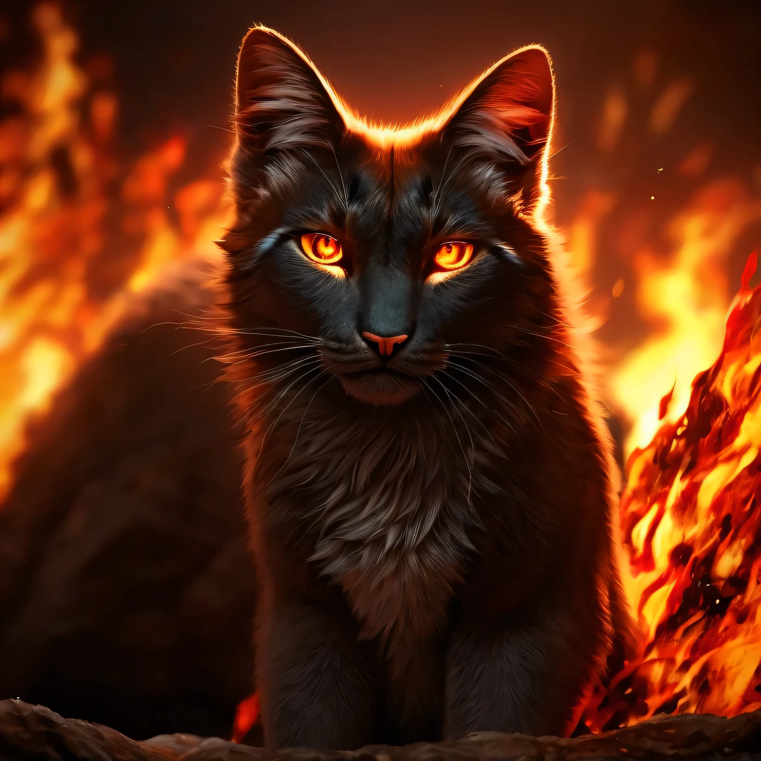 a feral cat, a large cat, short pitch black fur, fiery glowing orange eyes, (sitting in a sea of flames), best quality, 4k, 8k, highres, masterpiece:1.2, ultra-detailed, realistic, photorealistic, photo-realistic:1.37, HDR, UHD, studio lighting, ultra-fine painting, sharp focus, physically-based rendering, extreme detail description, professional, vivid colors, bokeh, dark fantasy, dramatic lighting, cinematic, moody, chiaroscuro