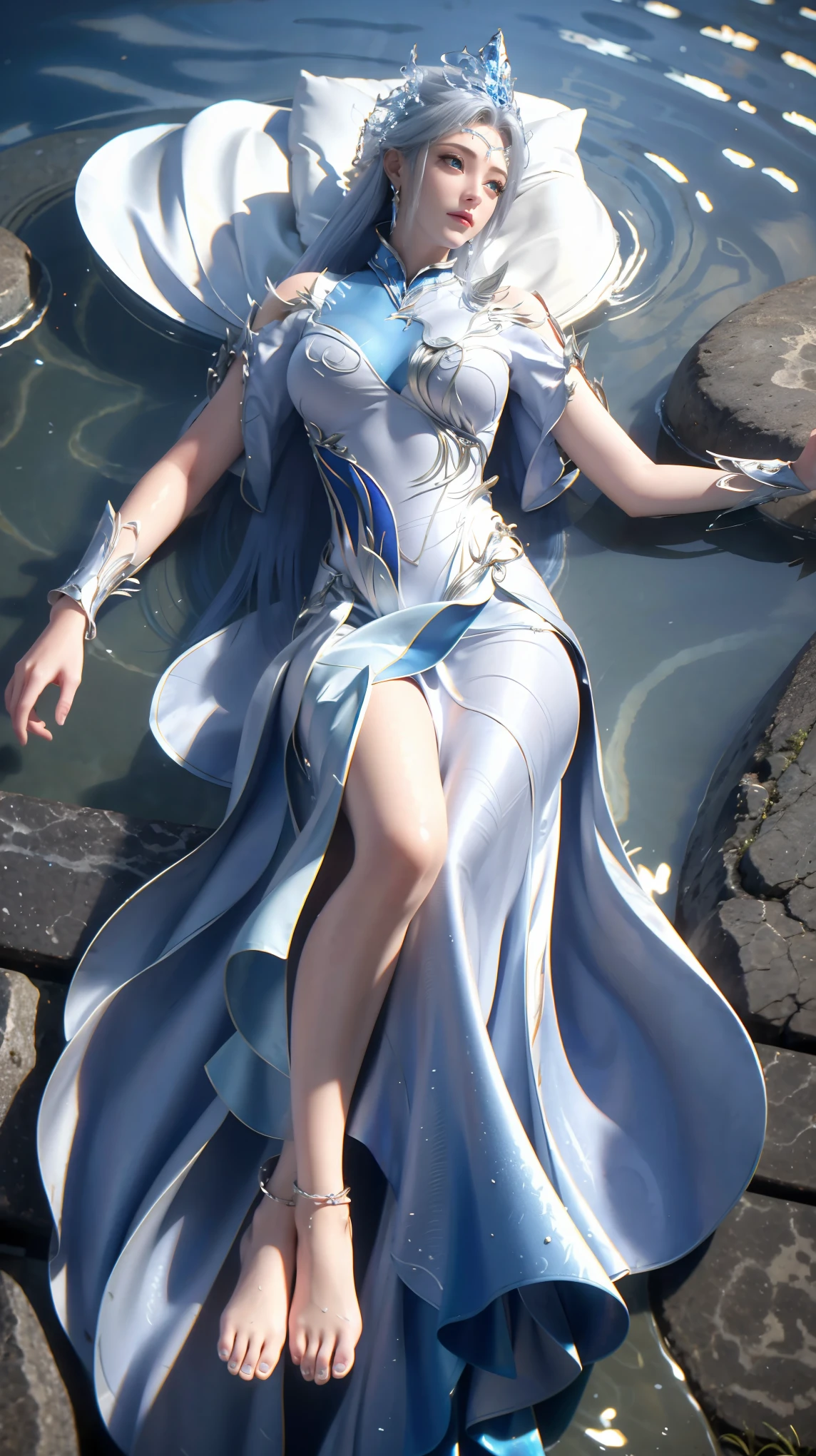 一个穿着连衣裙的女孩躺在Starry Sky下的床上,Exquisite smile,Beautiful and delicate eyes,Beautiful and delicate lips,Extremely detailed face and eyes,Long eyelashes,Full body,Flowing hair,belly button,best quality,excellent work,Super,(Reality:1.4),RAW photos,(Beautiful face:1.2),(Lying on the water:1.5),1 girl,(absurd),(8k), (4K),Octane Rendering,Starry Sky,((Full body view)),barefoot,Cross-legged
