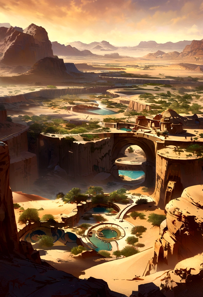 Yellow sand in the sky，The background is a vast desert，the sphinx，digital landscape art, Detailed scenery —width 672, landscape artwork, environment design illustration, scenery art detailed, Desert oasis landscape, concept-art, 4k highly detailed digital art, 4 k digital painting, 4k digital painting, stunning digital illustration, Desert background, digital painting concept art, Detailed digital painting