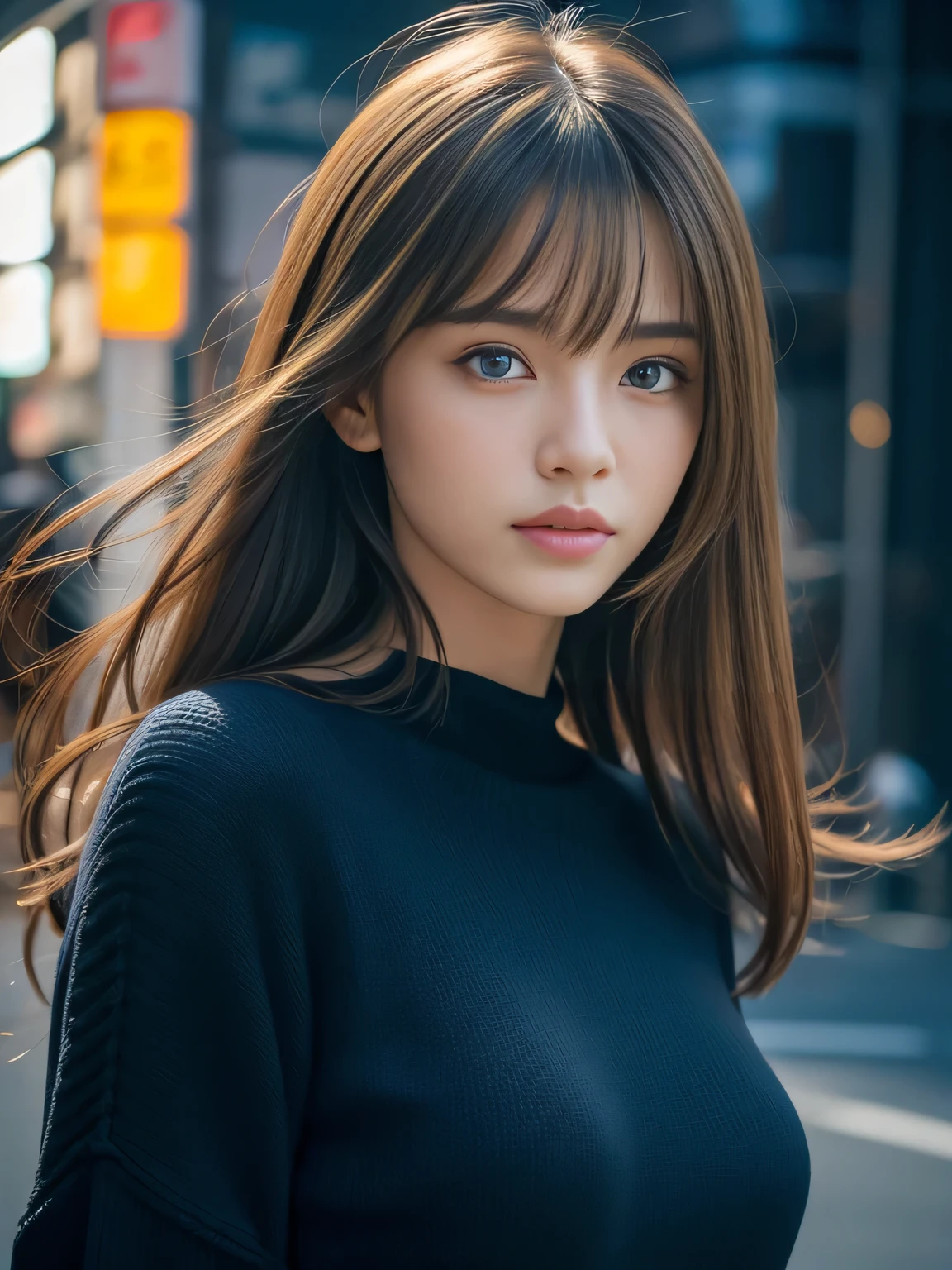 A woman with long hair and a black top standing on a street - SeaArt AI
