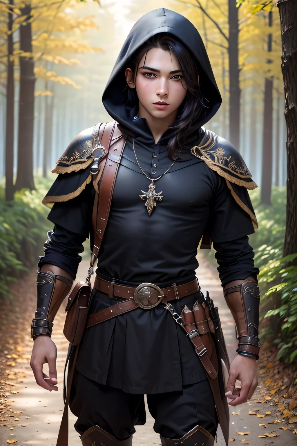 ((best quality)), ((masterpiece)), (detailed), Prize-winning works, with incredible details, maximum textures and details, mantea ,1 A teenage man warrior adventurer dark black black clothes, mantea negro, Black Hood, long black hair ,fully body (10 year old man:1.1,detailedeyes, face detailed, whole body:1.1,the background is a forest ),(best qualityer:1.2,ultra detali:1.1,realisitic:1.37),stone medieval ancient city ,eyeshadows,hidden identity,sharp focus,swirly vibrant colors,), (twilight), 8K