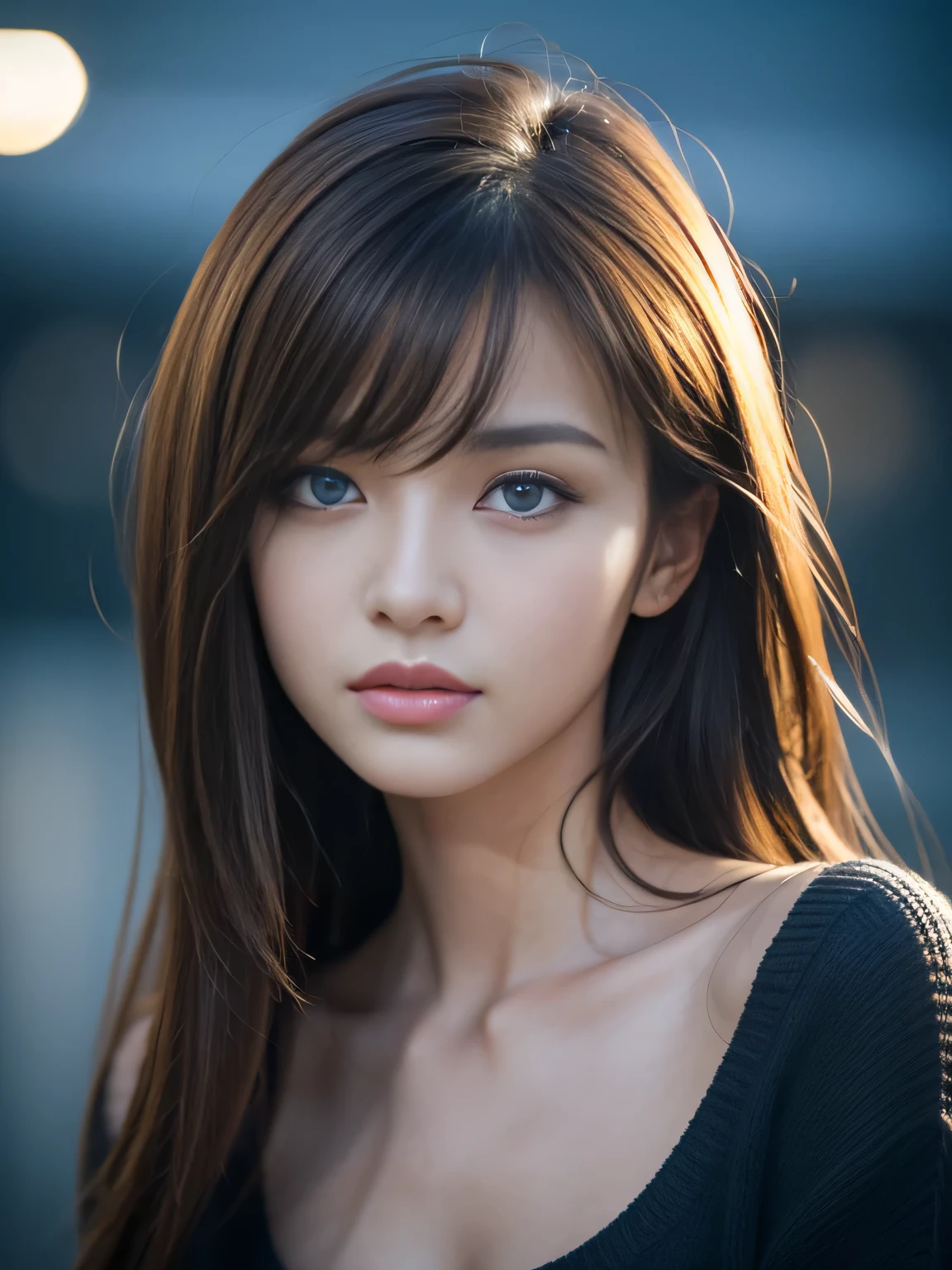 masterpiece, best quality, ultra-detailed, intricately detailed hyperdetailed, realistic, sharp features, highly detailed, sharp focus, 19 years old, (Japanese sophisticated model), perfect face, perfect  and delicate Blue eyes, perfect full lips, flexible female form, cinematic, hyper detailed, hyper realistic, high resolution, vibrant, (dark fantasy), ((deep Blue hour)), gloomy shadow, light brown hair, messy hair, small breasts, Black sweater, portrait, head shot,