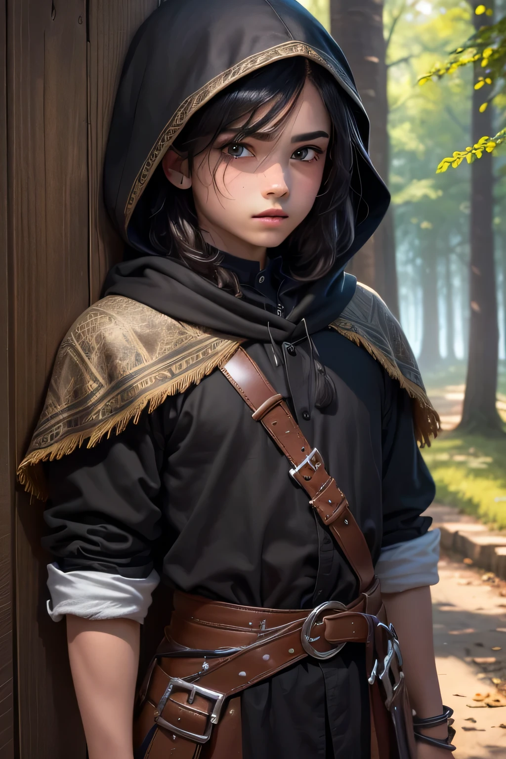 ((best quality)), ((masterpiece)), (detailed), Prize-winning works, with incredible details, maximum textures and details, mantea ,1 A teenage man warrior adventurer dark black black clothes, mantea negro, Black Hood, long black hair ,fully body ( man:1.1,detailedeyes, face detailed, whole body:1.1,the background is a forest ),(best qualityer:1.2,ultra detali:1.1,realisitic:1.37),stone medieval ancient city ,eyeshadows,hidden identity,sharp focus,swirly vibrant colors,), (twilight), 8K