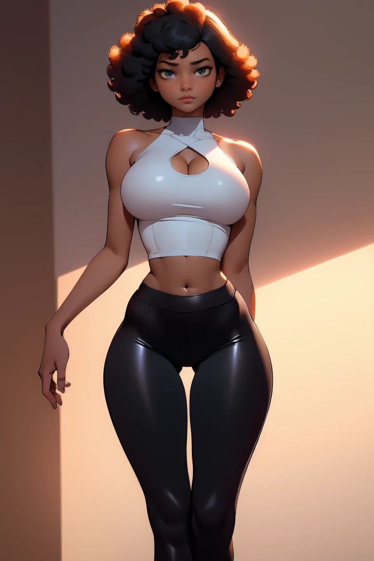 afro american girl, dark skin, behind view, afro haircut, 1 girl, solo, (black leggins) (crop tank top, cleavage), sleveless, medium perky , wide hips