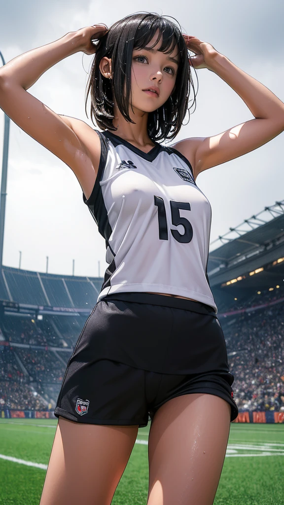 ((, Very slim)), (Raise your arms, Show your armpits:1.4), rain, heavy rain, Black Hair, Bobcut, Football Stadium, (Soccer uniforms, White, Wet Hair, Wet Skin, Wet clothes)