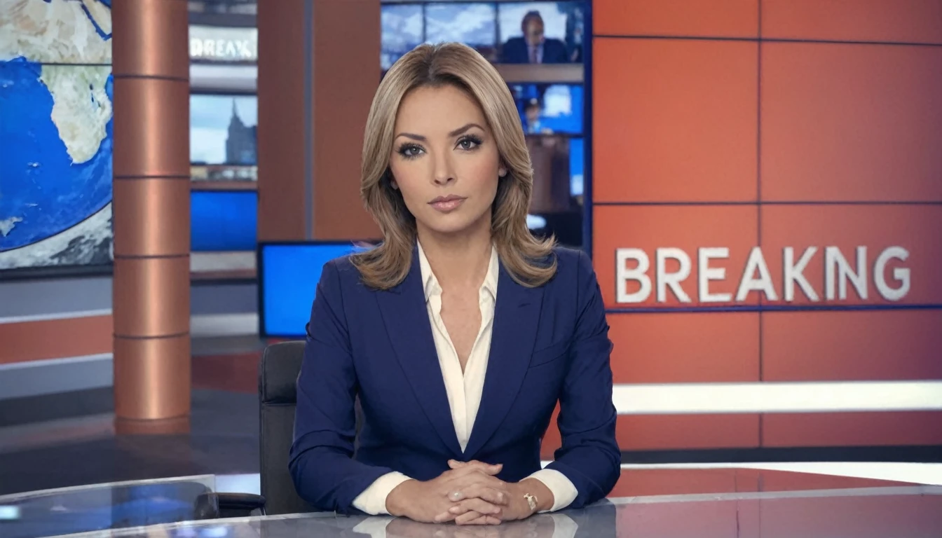 beautiful female news anchor, sitting at news desk, facing and looking directly at camera, professionally dressed, "breaking news" sign the background