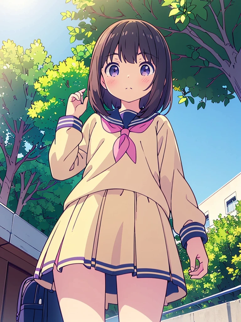 (High quality), (masterpiece), (very detailed), girl, (very small bust), short brown hair, purple eyes, shy face, (li), showing her thighs, on the school yard, sunny, camera angle from below, adorable eyes, (primar school uniform)