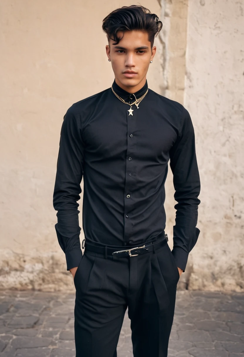 Imagine a cinematic realistic portrait of a young man in his late twenties, embodying his Hispanic and Sicilian heritage (Hispanic:1.5) (Sicilian:1.5), Olive skin Tone. His face is slightly rounded (rounded face:1.5), carrying a gentle yet mysterious expression looking to the camera and crossed arms. His clear, pale complexion has a gothic undertone, reminiscent of Wednesday Addams from the 90s. His hair is styled in a messy, pointed pompadour inspired by Elvis Presley, adding a touch of rebellious elegance to his look. He is dressed elegantly in an all-black, long-sleeved shirt paired with matching black trousers, maintaining a minimalist style without tattoos, neck chains, or accessories (no necklaces:1.5) (no accessories:1.5). The setting is dark and atmospheric, with a gothic twist. The backdrop is filled with deep, shadowy tones and dramatic contrasts, with hints of dim, warm golden light casting long, eerie shadows. The overall ambiance is sophisticated, marked by a celebratory dignity that evokes the mysterious, timeless charm of the Gothic genre. (mysterious:1.2), (gothic undertone:1.35, (rebel elegance:1.2), (enigmatic coolness:1.2), (minimalist style:1.1), (dark atmospheric:1.2), (dramatic contrasts:1.3), (warm golden light:1.1), (timeless charm:1.3). NO NACKLACES NO TATTOOS!