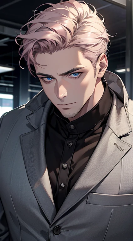 (best quality,4k,8k,highres,masterpiece:1.2),ultra-detailed,(realistic,photorealistic,photo-realistic:1.37),1 man,31 years old,mature man,very handsome,without expression,smile,short grey pink hair,blue eyes,penetrating gaze,perfect face without errors,imposing posture,businessman,office background,cinematic lighting,hdr image
