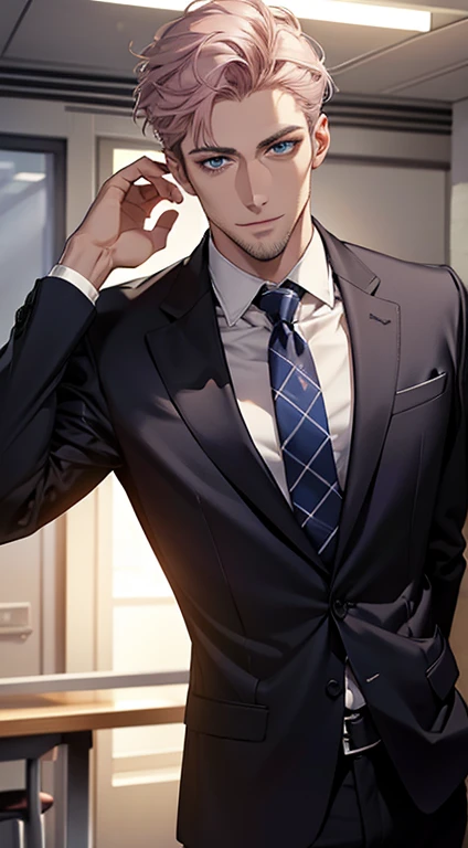 (best quality,4k,8k,highres,masterpiece:1.2),ultra-detailed,(realistic,photorealistic,photo-realistic:1.37),1 man,31 years old,mature man,very handsome,without expression,smile,short grey pink hair,blue eyes,penetrating gaze,perfect face without errors,imposing posture,businessman,office background,cinematic lighting,hdr image