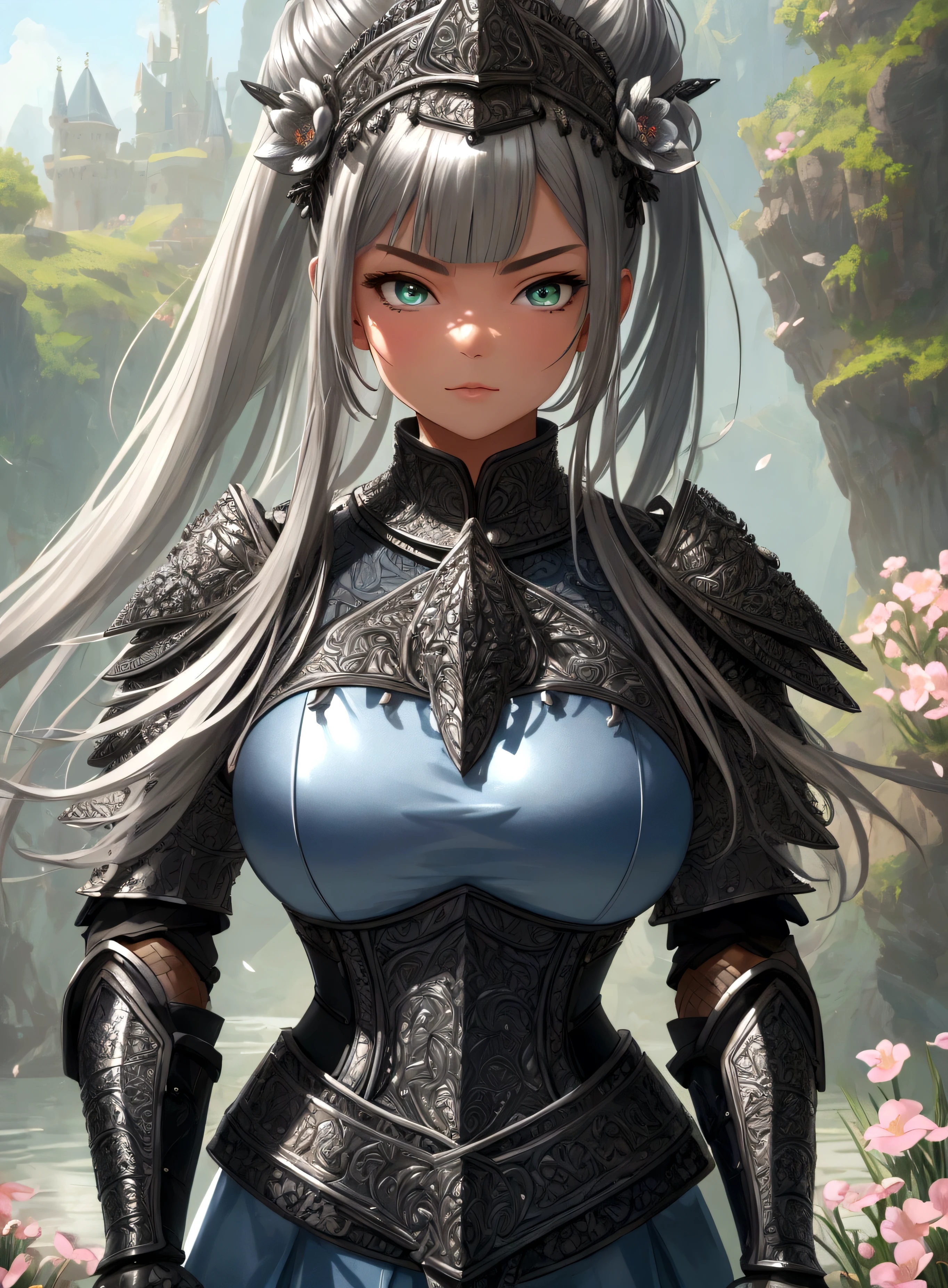 3d animation, chibi character, (masterpiece, best quality),(extremely intricate:1.3), (realistic), 1girl, milf, triple D cup breasts, round buttocks, bubbly ass, thoughts, caucasian, green eyes, perfect eyes, perfect iris, perfect pupils, perfect lips, perfect nose, perfect hands, very detailed hands, perfect fingers, black hair, short hair, straight hair, bobbles ponytail hair, (medieval armor), metal reflections, (((silver armor))), outdoors, far away castle, (ornately decorated armor), (insanely detailed, bloom:1.5), chainmail, intense sunlight, professional photograph of a stunning woman detailed, sharp focus, award winning, cinematic lighting, blurry background, upper body, ((confident)), (Pose:looking at the camera), shadows, contrast, clear blue sky, constellations, peaceful, serene, quiet, tranquil, remote, secluded, adventurous, exploration, escape, independence, survival, resourcefulness, challenge, perseverance, stamina, endurance, observation, intuition, adaptability, creativity, imagination, artistry, inspiration, beauty, awe, wonder, gratitude, appreciation, relaxation, enjoyment, rejuvenation, mindfulness, awareness, connection, harmony, balance, texture, detail, realism, depth, perspective, composition, color, light, shadow, reflection, refraction, tone, contrast, foreground, middle ground, background, naturalistic, figurative, representational, impressionistic, expressionistic, abstract, innovative, experimental, unique