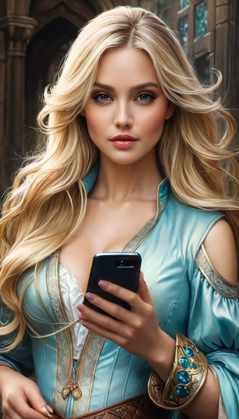 a close up of a woman with long blonde hair holding a cell phone, inspired by Magali Villeneuve, fantasy art portrait, fantasy portrait art, detailed matte fantasy portrait, alice x. zhang, fantasy portrait, epic fantasy art portrait, beautiful fantasy art portrait, magali villeneuve', graphic artist magali villeneuve, fantasy genre portrait, epic fantasy digital art style