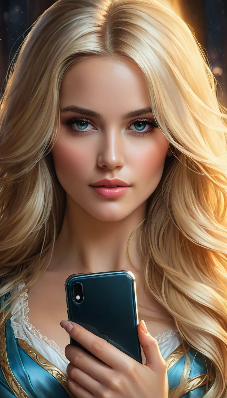 a close up of a woman with long blonde hair holding a cell phone, inspired by Magali Villeneuve, fantasy art portrait, fantasy portrait art, detailed matte fantasy portrait, alice x. zhang, fantasy portrait, epic fantasy art portrait, beautiful fantasy art portrait, magali villeneuve', graphic artist magali villeneuve, fantasy genre portrait, epic fantasy digital art style