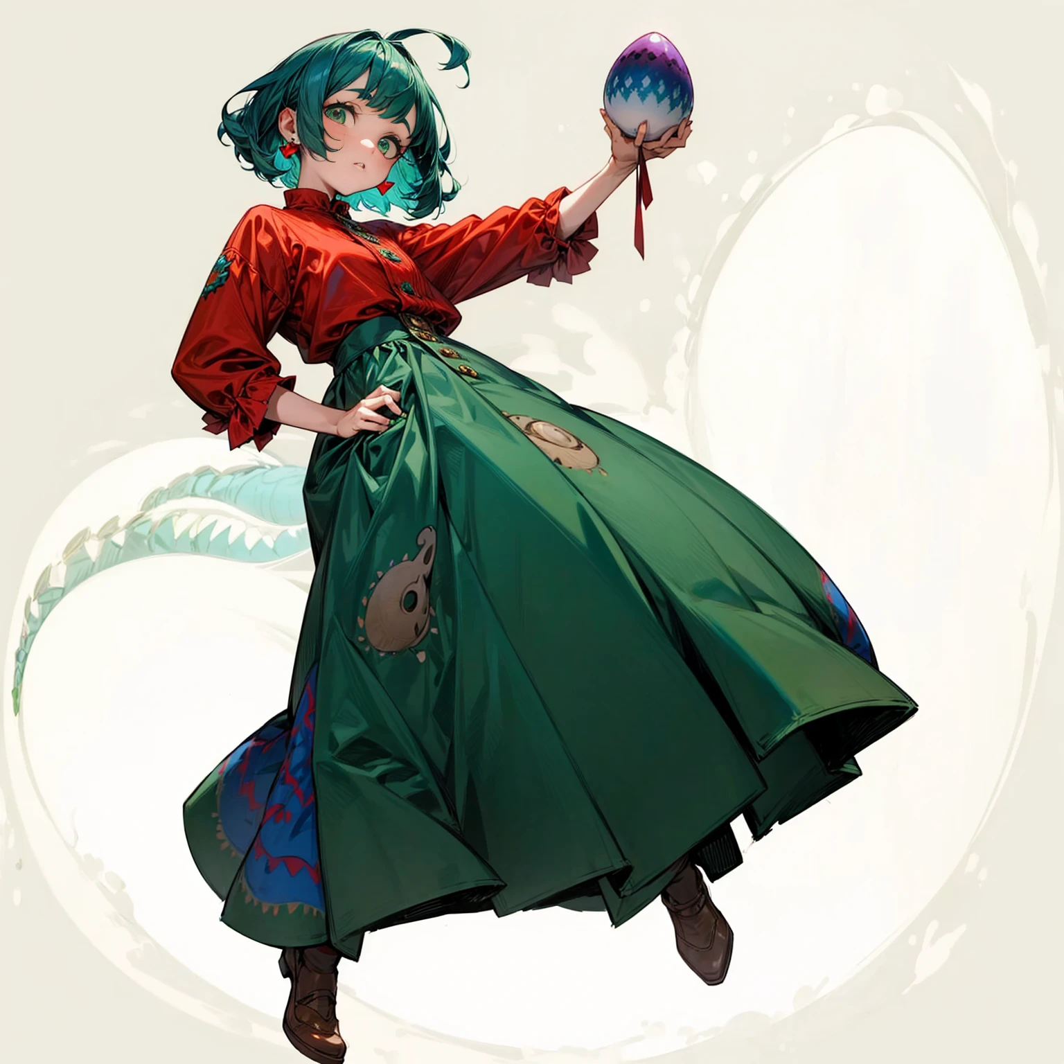 One , full body version, Grassroots background, blue hair, wavy bob hairstyle, green eyes, red cheeks, red earrings, flat facial expression, vintage clothing style, color clothes is more brown, dinosaur egg in his hand