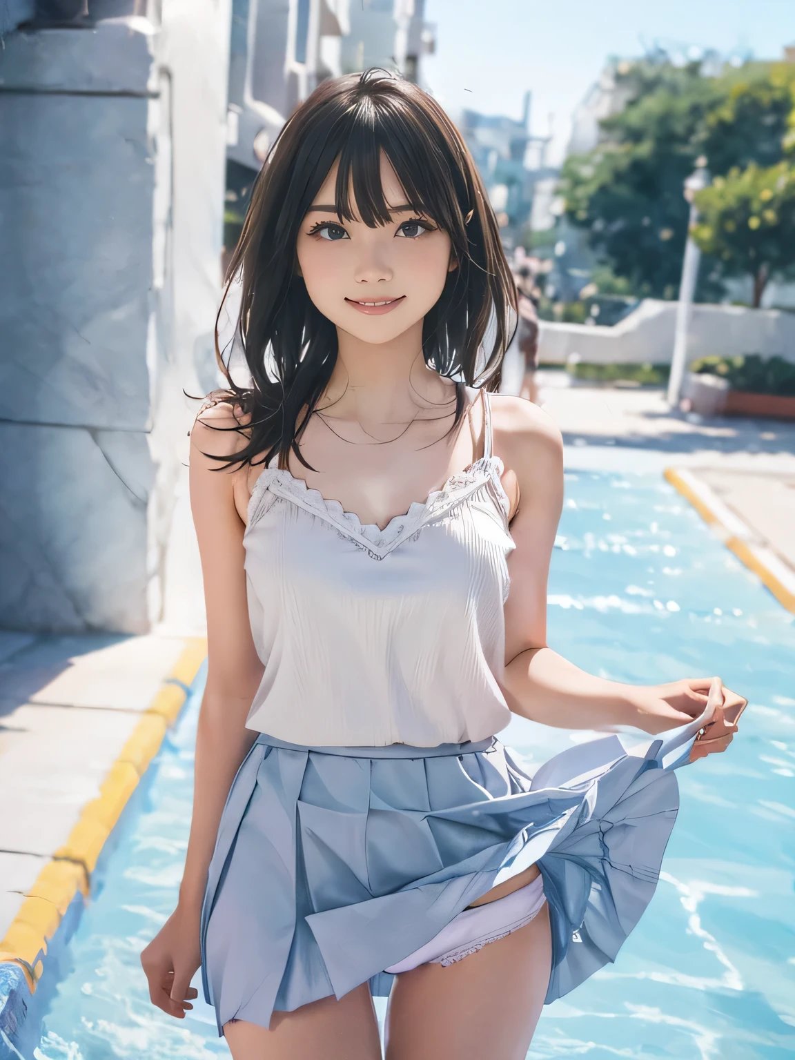 1girl, woman, beautiful, medium breasts, flirtatious look, high res, (1girl eyes looking at viewer:1.55), Simple Background, Emphasis on the chest, whole body, cute face, beautiful face, nipple, light smile, (skirt lift:1.2), skirt lift pov, constricted waist, blush, shy, panties, underwear, 25 years old woman, skirt lift, flipped my skirt, (perfectly detailed face), looking at viewer:1.8, girl in summer cloth, camisole, Plain costumes, White outfit, photorealistic, (bokeh), photorealistic, depth of field, best quality, anatomically correct, super detail, textured skin, UHD, 8k