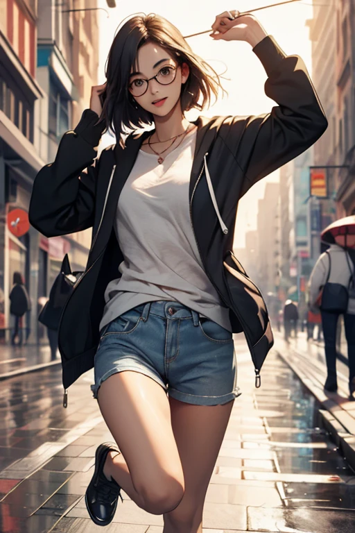 Highest quality、masterpiece、High sensitivity、High resolution、Detailed Description、Slender women、Slim Body、Glasses、Casual clothes、Thin thighs、Jump over a puddle、