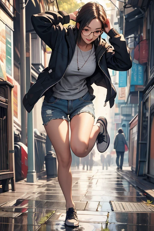 Highest quality、masterpiece、High sensitivity、High resolution、Detailed Description、Slender women、Slim Body、Glasses、Casual clothes、Thin thighs、Jump over a puddle、