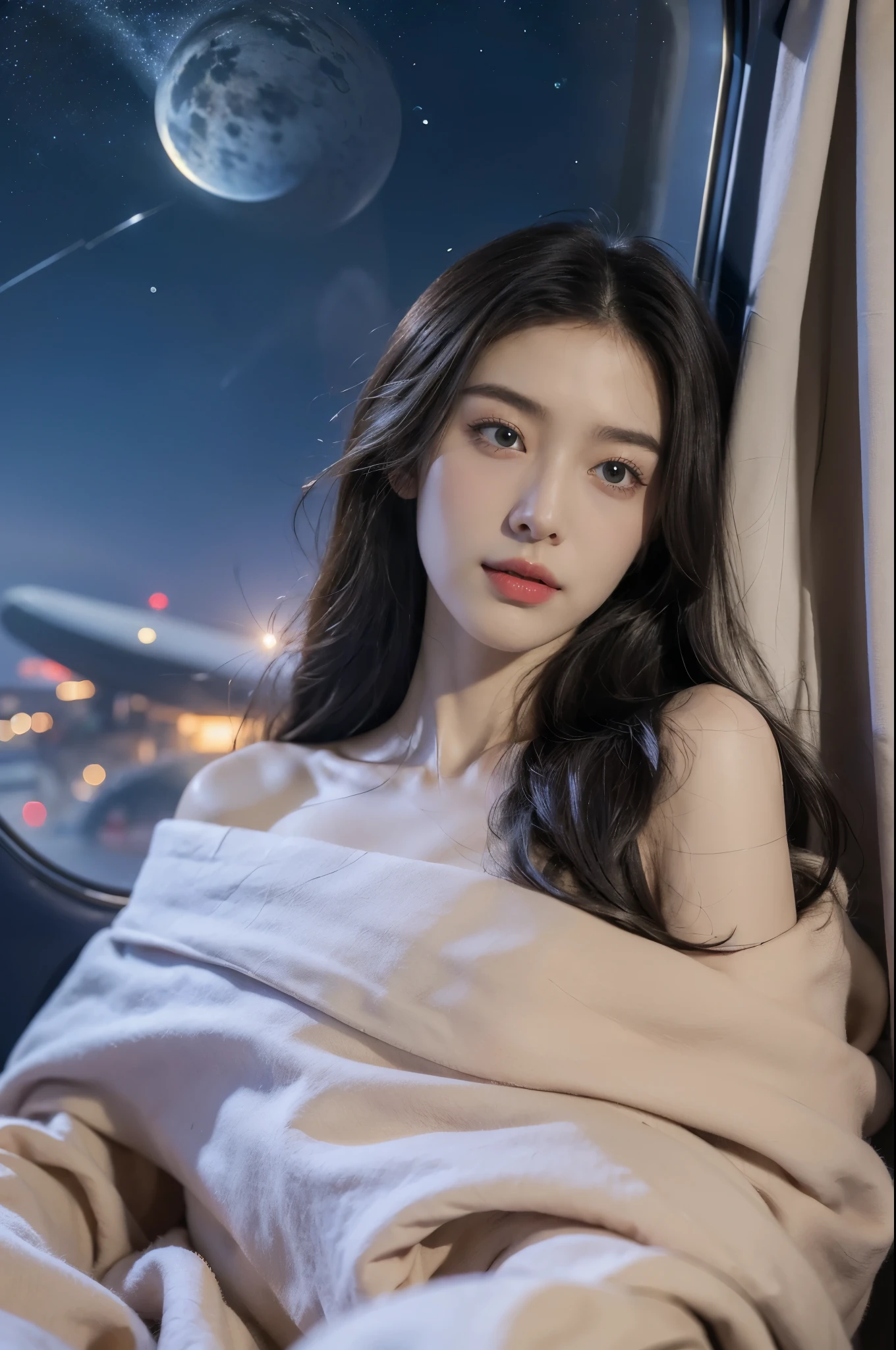 (((best quality))),(((ultra detailed))),(((masterpiece))),illustration,(a beautiful girl,female passenger,solo),((slim,thin,small breasts,flat chest)),(slender legs:1.2),summer night,((in airplane,economy class,indoor)),(blanket over shoulders:1.3),((dress)),(shoulder length straight bob hair:1.2),stars,moonlight,smooth flight,engine sound,lullaby,relaxed,excited,happy,visiting family,comfortable seats,soft fabric,headrests,adjustable,beauty of night sky,thinking about family,friends,dimmed lights,sleeping passengers,movies,personal screens,staying awake,magic of sky,joy of being with family,memorable journey,adventures,(surrounded by crowded crowds:1.3),(Outside the window is high-altitude night view:1.2),((from front,upper body))