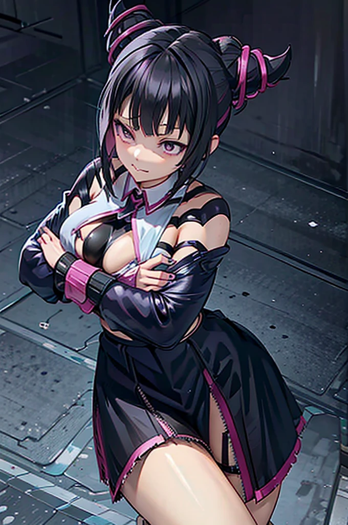 Juri Han, artwork, tight white secretary shirt with black tie, black high-waist skirt, skirt short,sock, Bblack hair, blackstockings,evil smile,,bangs on the eyes,lighting,horn of hair,from above view,staring overhead,crossed arms