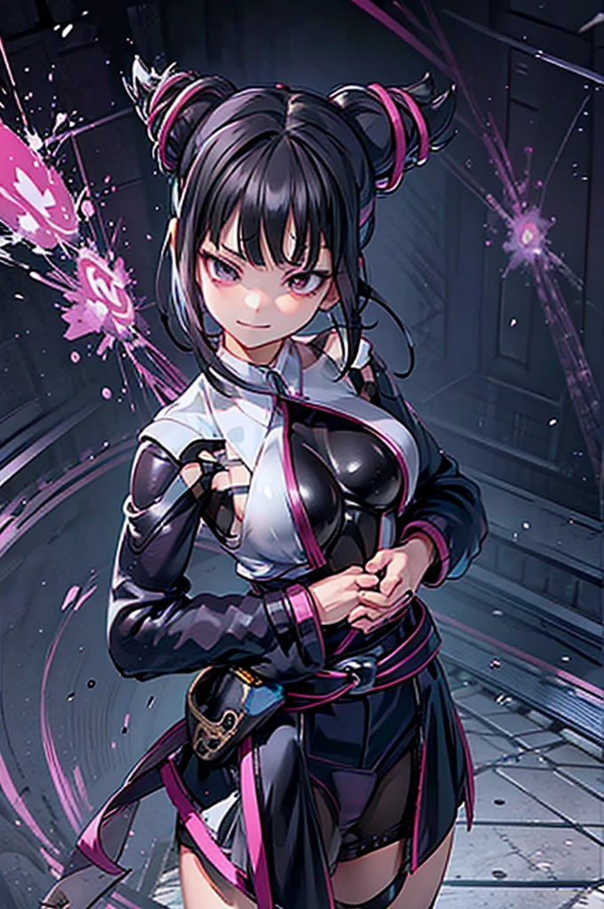 Juri Han, artwork, tight white secretary shirt with black tie, black high-waist skirt, skirt short,sock, Bblack hair, blackstockings,evil smile,,bangs on the eyes,lighting,horn of hair,from above view,staring overhead,crossed arms
