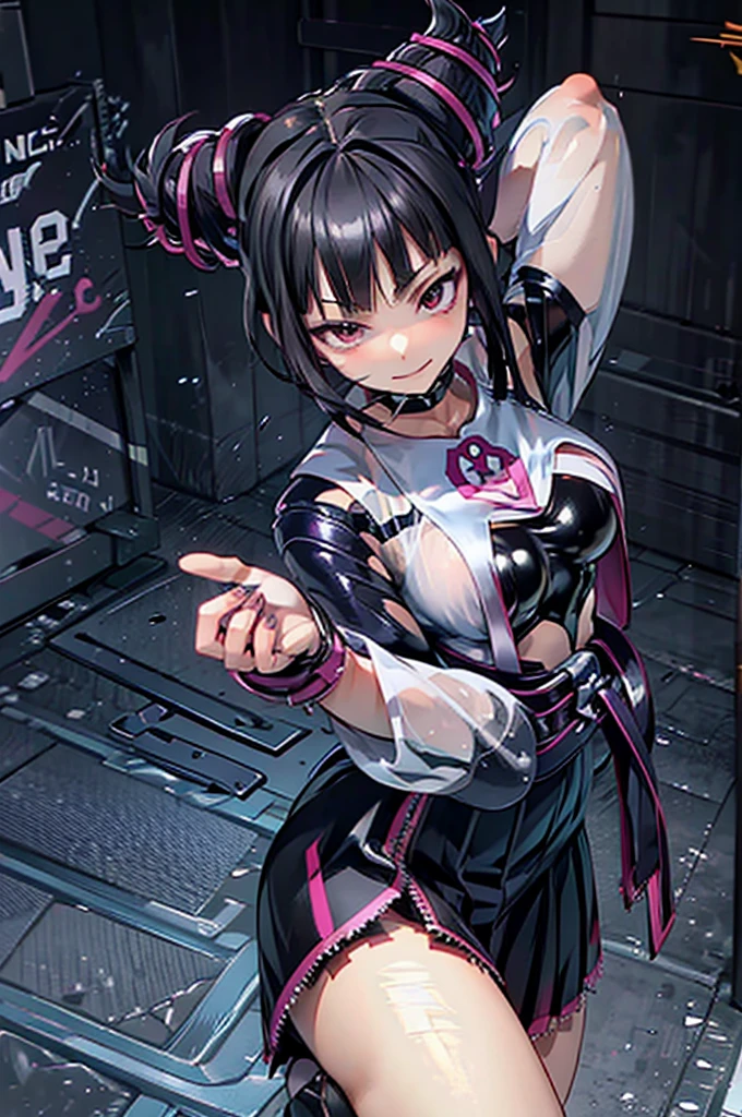 Juri Han, artwork, tight white secretary shirt with black tie, black high-waist skirt, skirt short,sock, Bblack hair, blackstockings,evil smile,,bangs on the eyes,lighting,horn of hair,from above view,staring overhead,crossed arms
