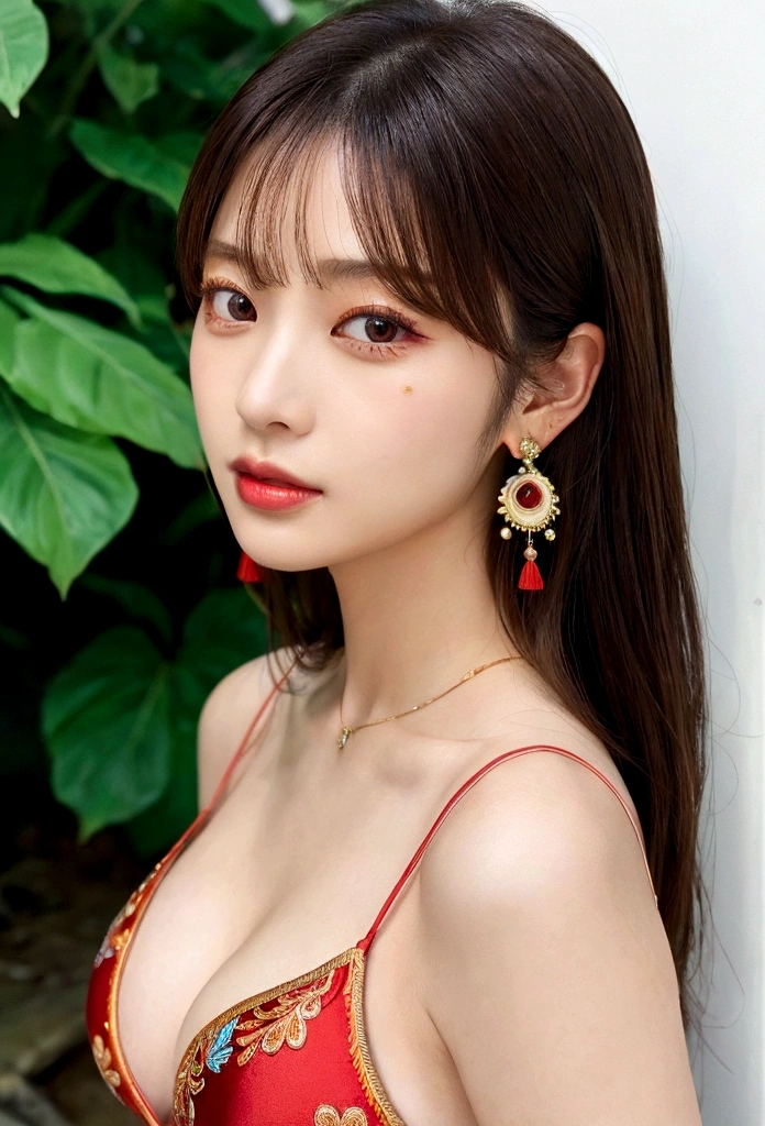 1 female, Beautiful Japanese actresses, Age 25, Double Eye,mile, Detailed face, Big earrings，Large Necklace, Flashy makeup using red eyeshadow，light brown delicate middle cut hair，the tips of the hair are wavy，Classy hairstyle，fine grain,Slender actress, Large Breasts, valley, Small hips, Side Bust Barbosa), Sexy silk embroidered mermaid dress:1.2), break long black hair, BREAK ceremony, Official Art，非常に詳細な CG Unity 8K 壁紙, (masterpiece:1.0),(Highest quality:1.0), photo shoot, 8K, Browsing Caution, High resolution, Kodak Portrait 400, Film Grain, Lens flare brilliance,View Audience, View from the front, Swimwear