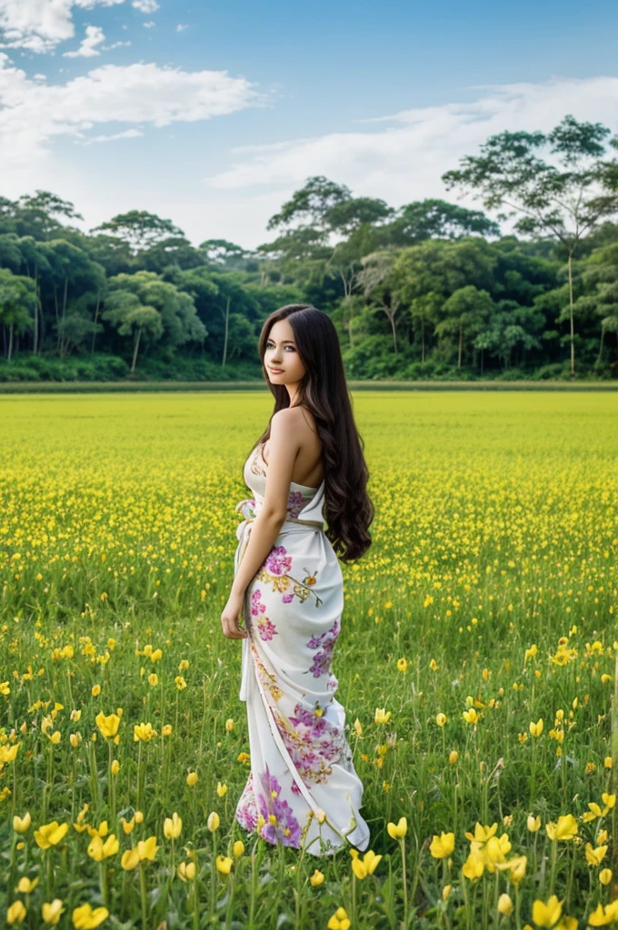 Cartoon  beautiful woman with long hair, white skin, wearing a Thai dress, wearing a sarong, wearing a sarong, standing in a field of flowers.