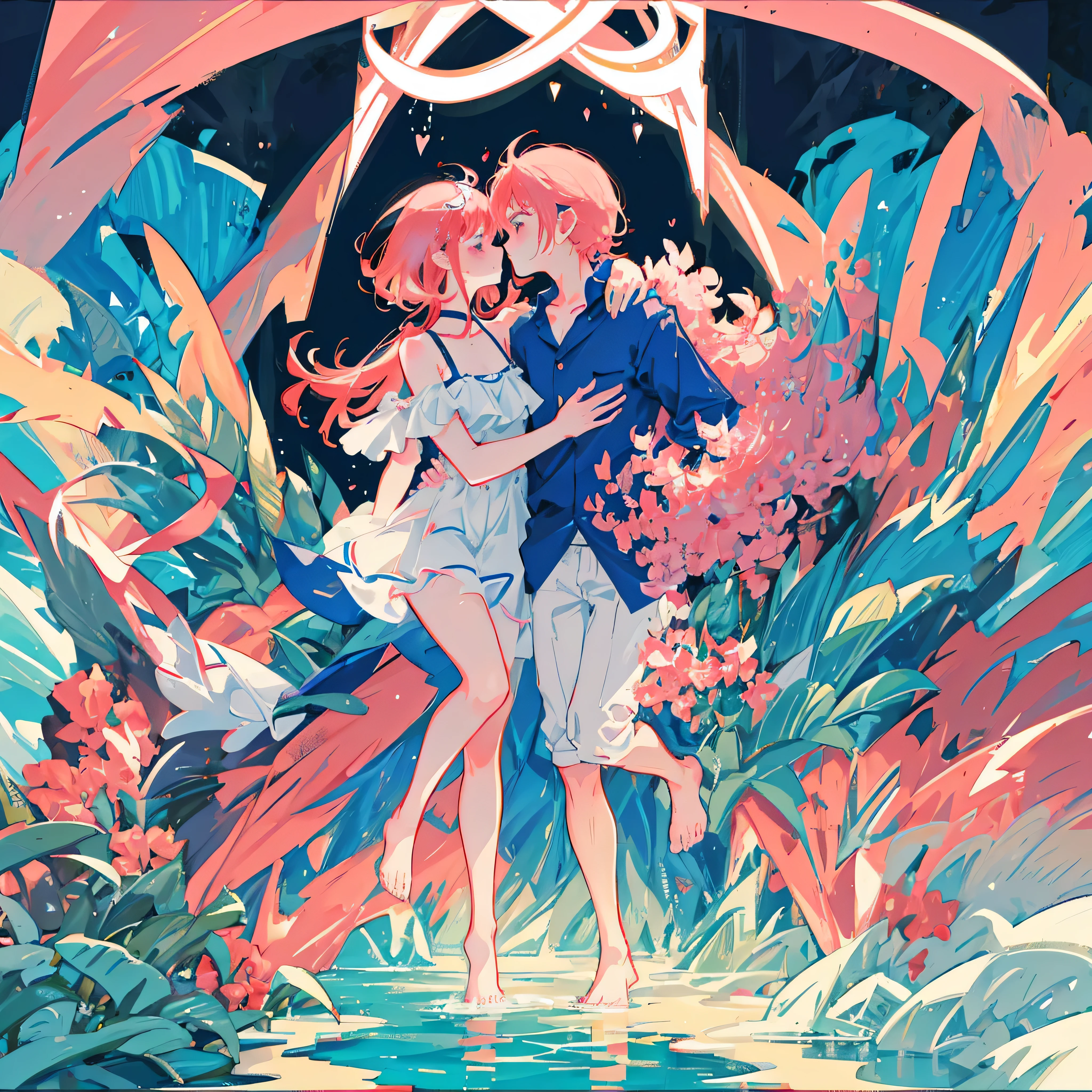 A boy who was in the pool, is being teased by 7 super beautiful girls, one of them kisses him on the mouth while the others kiss his neck and he is blushing with a red face, and a girl with pink hair is on his shoulder, and his head is between her legs, She looks at him with a malicious and wicked look, while a naked girl tries to jump him. And the senario is a pool on the beach at night with a nocturnal glow