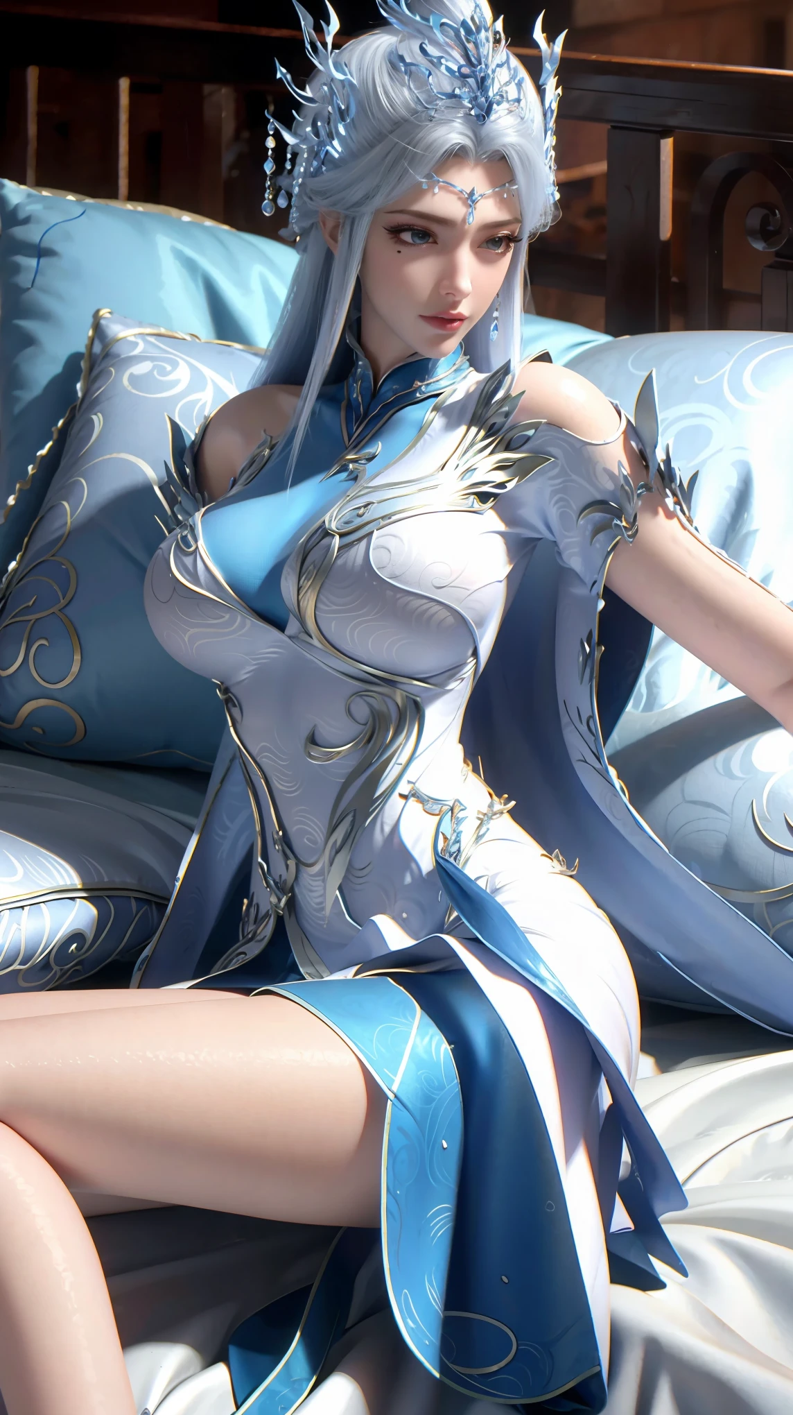 一个女孩Lying in bed,Face up,Raise your legs slightly,Front view super detailed beautiful big breasted girl . Ultra HD, 4K, 8K, Movie,whole body,Lying down,Long legs,Very big breasts,whole body捕捉,(((Lying in bed))),(((whole bodyLying in bed))),big bed,Off-shoulder,Shoulder to shoulder,Lying in bed,Sleeping on the pillow,Lying down,Headrest pillows,Wet all over,Water Magic,Wet,Silver long hair,Gauze on body