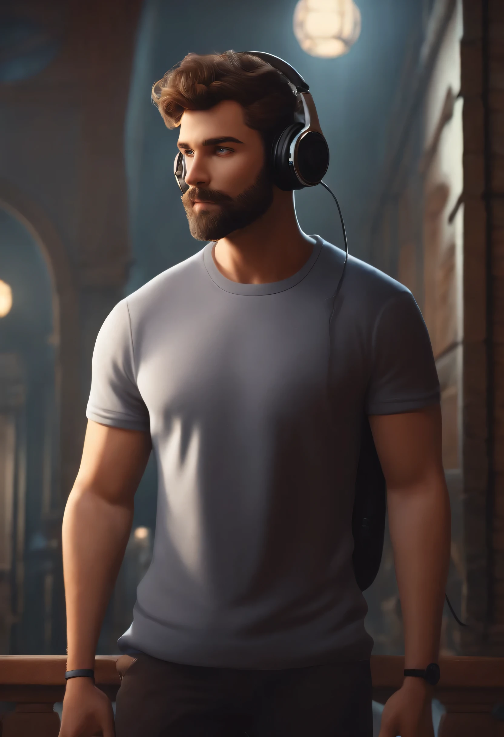 one men, Soon, short beard, eyes browns, with headphones from ear, A music studio in the background, Pixar-style image, 3D animated movie style, Disney, black tee