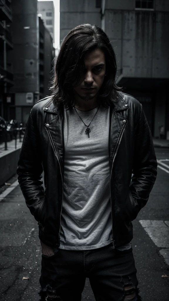 male metalhead, smoking cigarette, concert, alone, intense expression, leather jacket, ripped jeans, headbanging, black and white, dramatic lighting, gritty, moody, cinematic, (best quality,4k,8k,highres,masterpiece:1.2),ultra-detailed,(realistic,photorealistic,photo-realistic:1.37),HDR,UHD,studio lighting,extreme detail description,professional,vivid colors,dramatic shadows