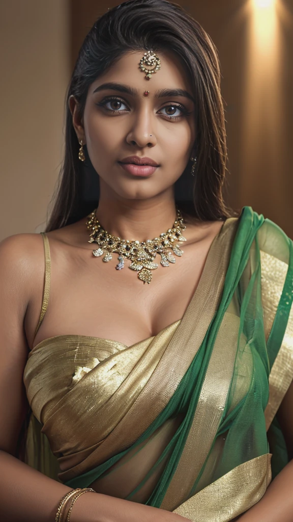 26 year old indian woman, tall, bright eyes, big lips, huge breasts, detailed anatomy, realistic, beautiful detailed eyes, beautiful detailed lips, extremely detailed face, longeyelashes, elegant pose, photorealistic, 8k, highres, masterpiece, ultra-detailed, physically-based rendering, vivid colors, studio lighting, on hot saree