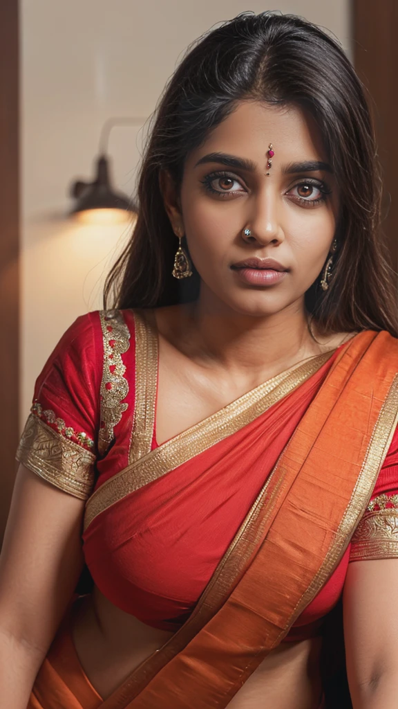 26 year old indian woman, tall, bright eyes, big lips, huge breasts, detailed anatomy, realistic, beautiful detailed eyes, beautiful detailed lips, extremely detailed face, longeyelashes, elegant pose, photorealistic, 8k, highres, masterpiece, ultra-detailed, physically-based rendering, vivid colors, studio lighting, on hot saree