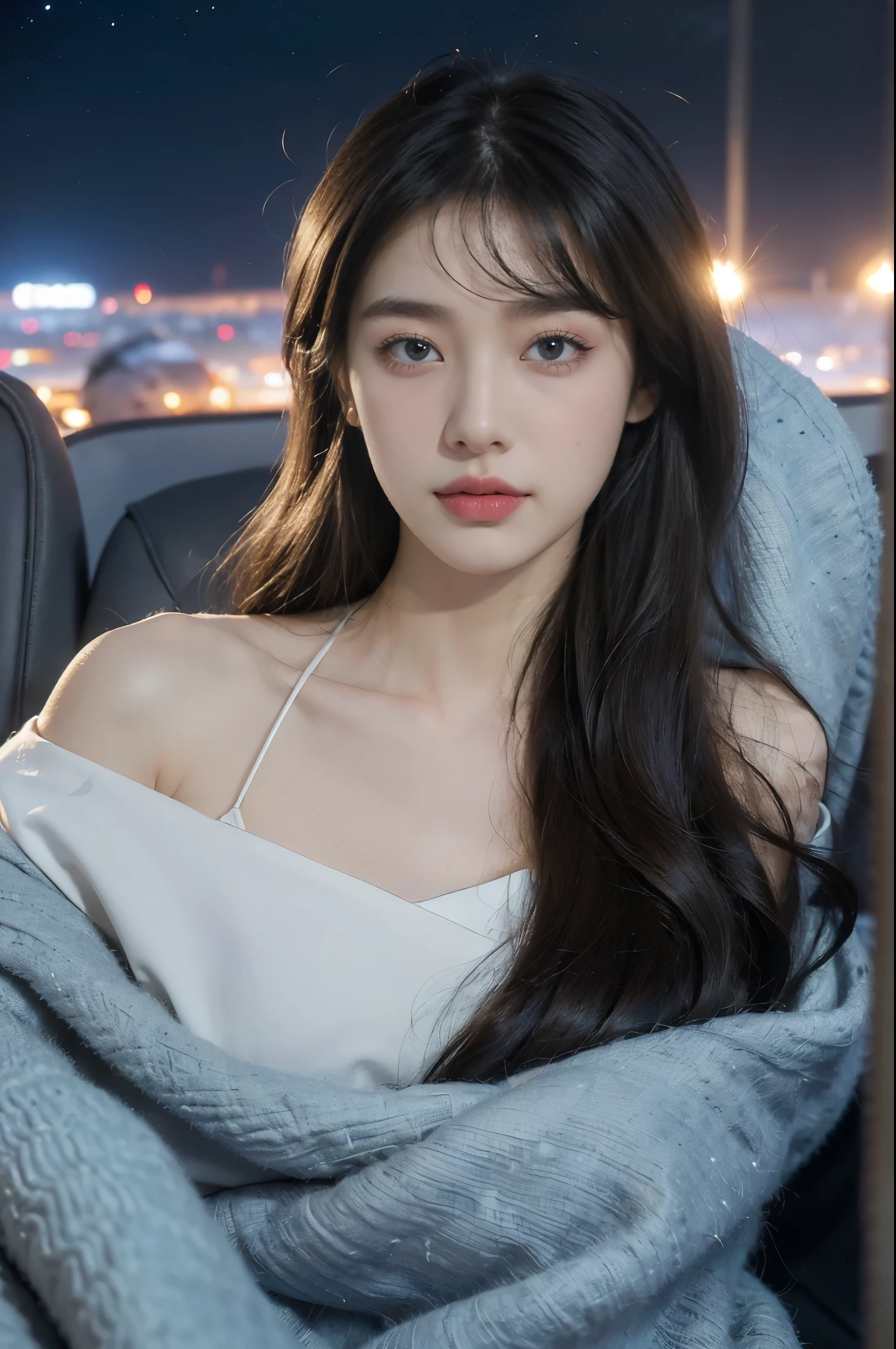 (((best quality))),(((ultra detailed))),(((masterpiece))),illustration,(a beautiful girl,female passenger,solo),((slim,thin,small breasts,flat chest)),(slender legs:1.2),summer night,((in airplane,economy class,indoor)),(blanket over shoulders:1.3),((dress)),(shoulder length straight bob hair:1.2),stars,moonlight,smooth flight,engine sound,lullaby,relaxed,excited,happy,visiting family,comfortable seats,soft fabric,headrests,adjustable,beauty of night sky,thinking about family,friends,dimmed lights,sleeping passengers,movies,personal screens,staying awake,magic of sky,joy of being with family,memorable journey,adventures,(surrounded by crowded crowds:1.3),(Outside the window is high-altitude night view:1.2),((from front,upper body))