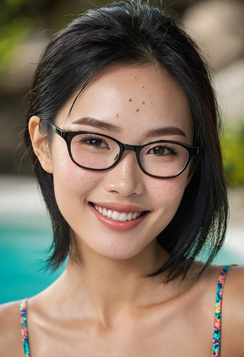 She has an oval face with high cheekbones, a defined jawline is Asian, japanese. His eyes are large and almond, black in color, with long eyelashes and thick, arched eyebrows, with a small scratch on his right eyebrow. His nose is small and straight, and she has full, wide lips. His hair is black with a green streak on the left side., short and smooth, usually worn loose with a fringe that partially covers the forehead. Her skin is fair with lots of freckles on her nose and rosy cheeks.. She is short in height, with a slim body build of robust breasts and a slim waist. She wears glasses and is smiling in a bikini, represent her in full body