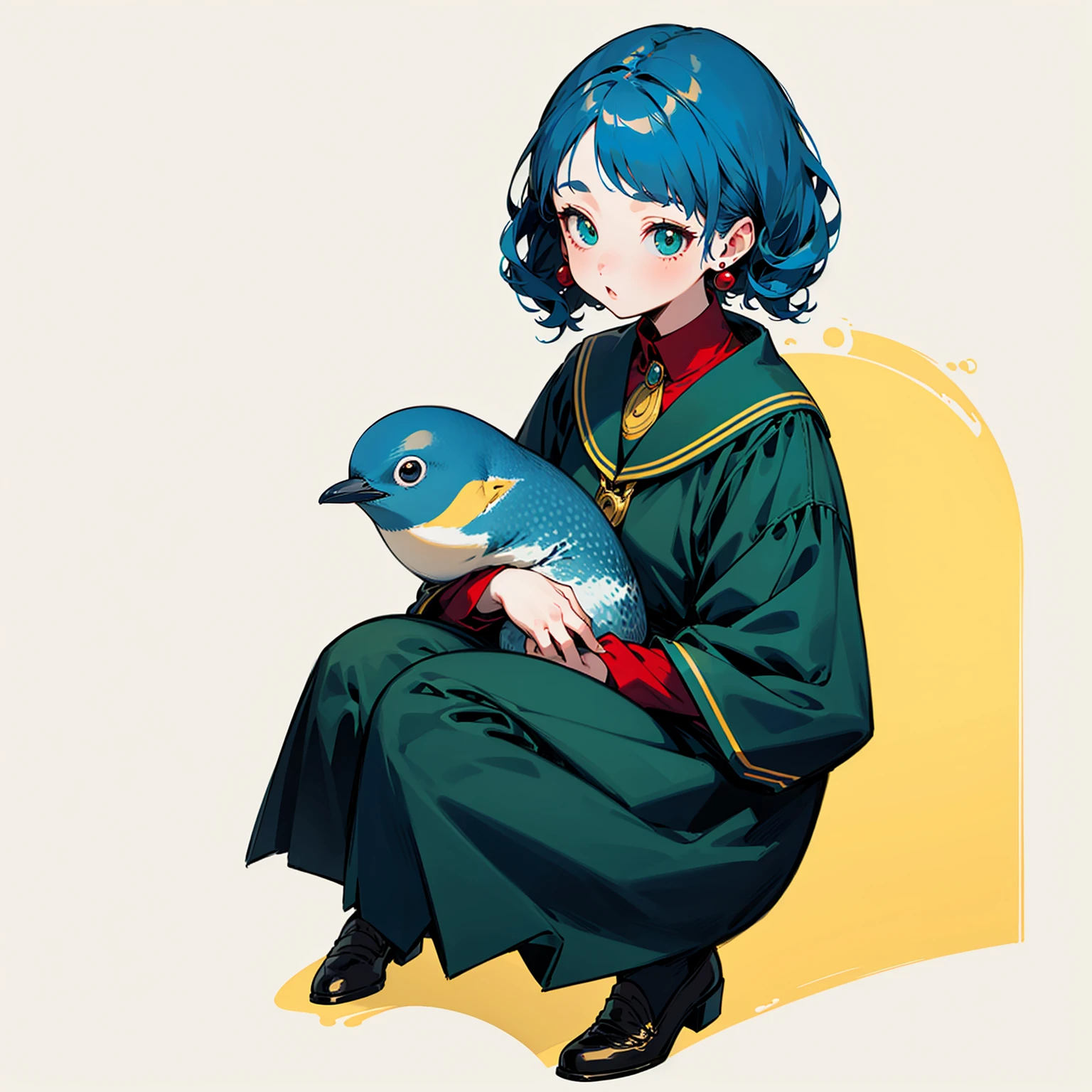 1girl playing with 1baby blue penguin, gold penguin eyes color, full body version, Grassroots background, blue hair, wavy bob hairstyle, green eyes, red cheeks, red earrings, flat facial expression, vintage clothing style, red color clothes