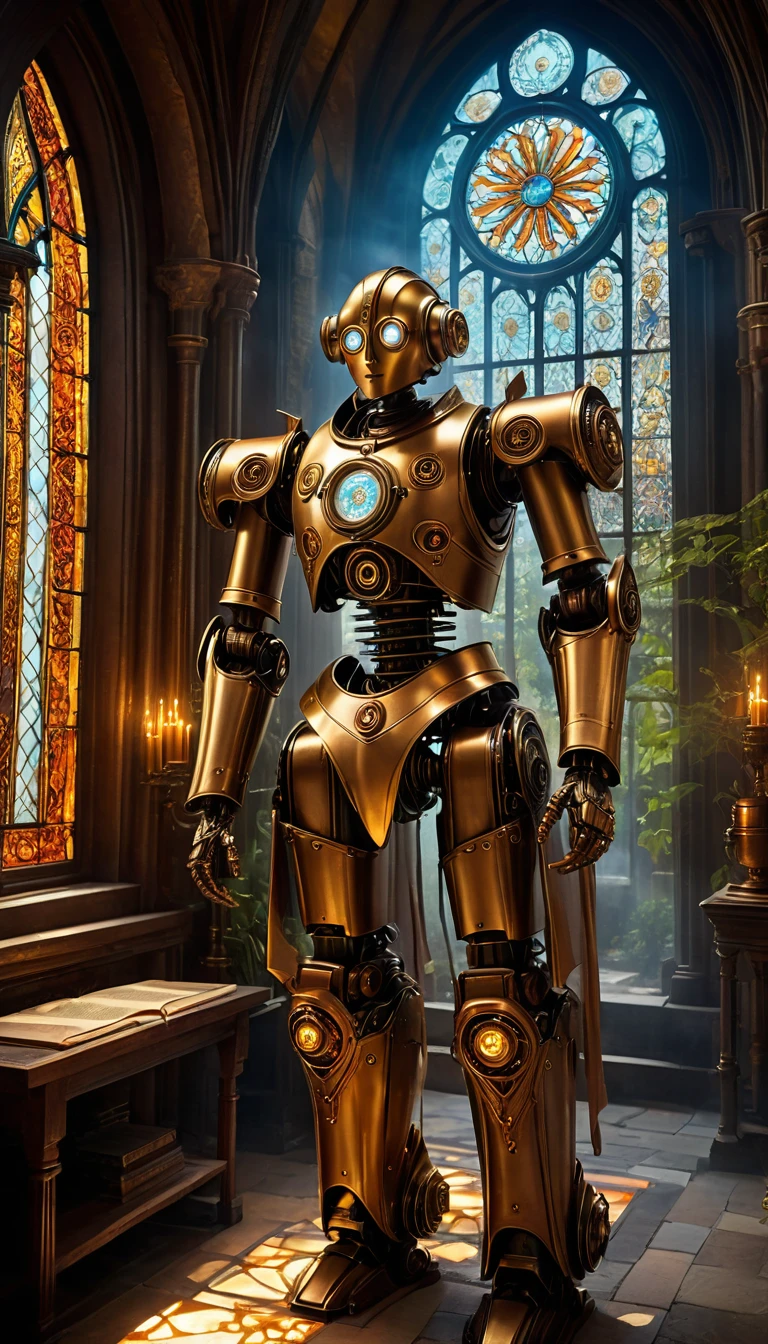 (best quality,4k,8k,highres,masterpiece:1.2),ultra-detailed,(realistic,photorealistic,photo-realistic:1.37),medieval monastery garden,steampunk robot monk,beautiful ornate architecture,steampunk machinery and gears,exquisite stained glass windows,enchanted flower garden,ancient stone walkway with intricate carvings,glowing candles and dimly lit atmosphere,steam and smoke billowing from the machinery,mystical atmosphere,peaceful and serene setting,mechanical wings attached to the robot monk's back,robot monk with intricate clockwork mechanisms,electromechanical eyes glowing with energy,warm golden color palette,gentle sunlight streaming through the stained glass windows,whispering sound of wind and rustling leaves,the scent of aged books and incense,notes of ancient Gregorian chants echoing in the air,sense of awe and tranquility,combination of futuristic and medieval elements,harmony of technology and spirituality. face that is a merge of Scarlett Johanson, Alison Brie, Selena Gomez.
