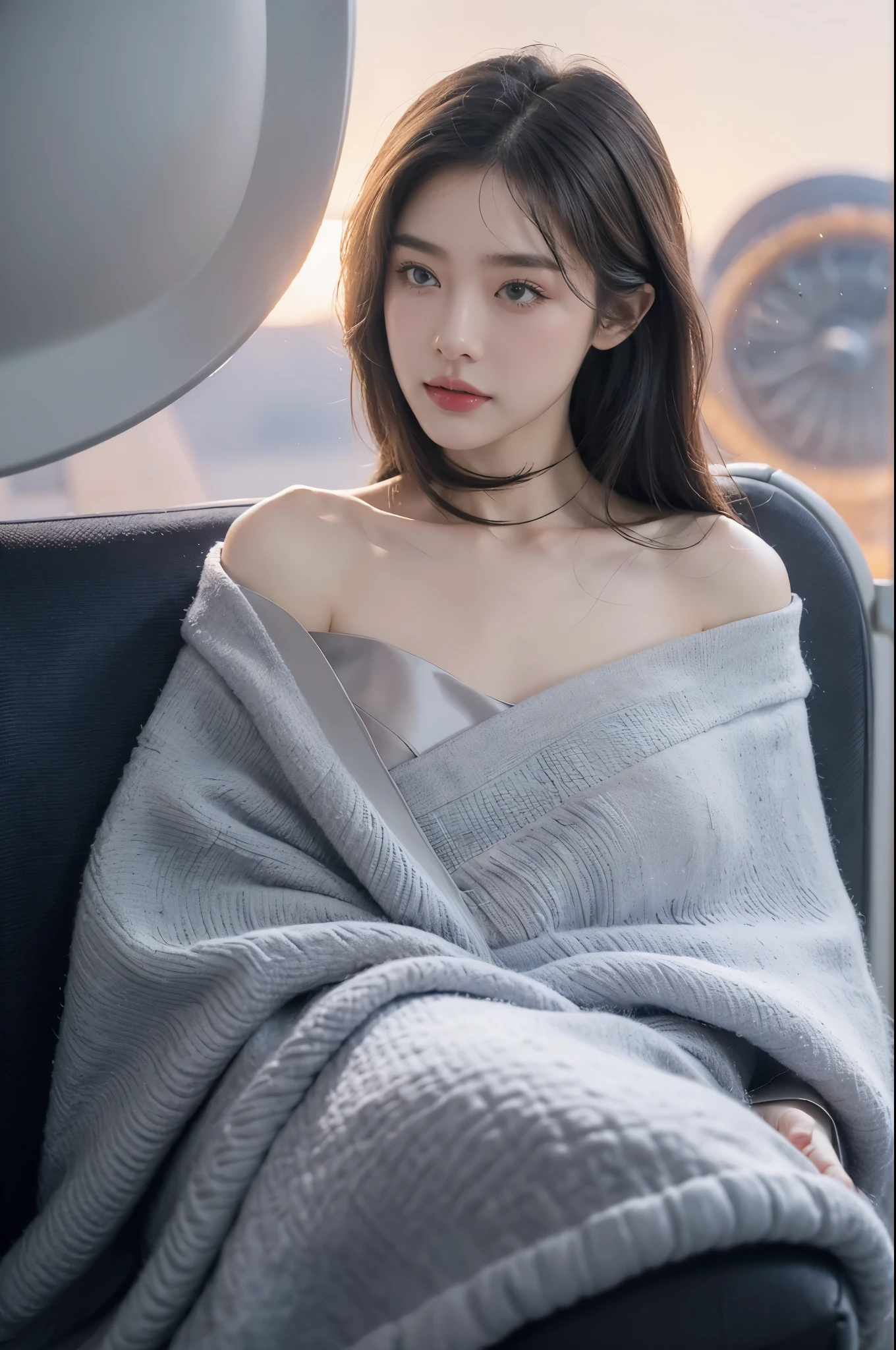 (((best quality))),(((ultra detailed))),(((masterpiece))),illustration,(a beautiful girl,female passenger,solo),((slim,thin,small breasts,flat chest)),(slender legs:1.2),summer night,((in airplane,economy class,indoor)),(blanket over shoulders:1.3),((dress)),(shoulder length straight bob hair:1.2),stars,moonlight,smooth flight,engine sound,lullaby,relaxed,excited,happy,visiting family,comfortable seats,soft fabric,headrests,adjustable,beauty of night sky,thinking about family,friends,dimmed lights,sleeping passengers,movies,personal screens,staying awake,magic of sky,joy of being with family,memorable journey,adventures,(surrounded by crowded crowds:1.3),(Outside the window is high-altitude night view:1.2),((from front,upper body))