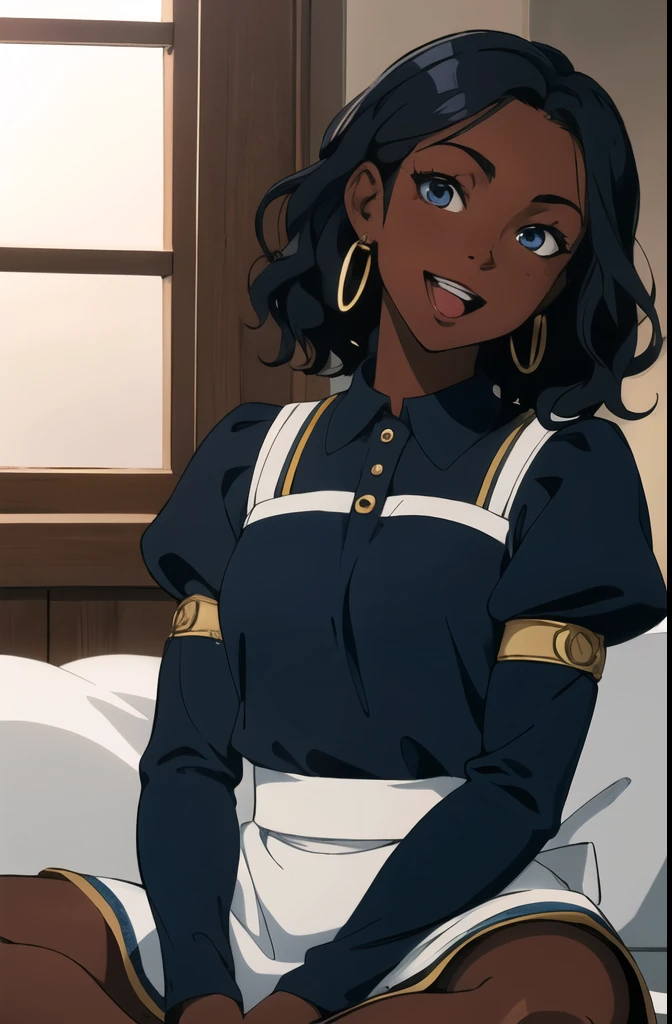 (8k hd, work of art, best qualityer, high qualiy, absurderes, Perfect light, ultra detali:1.2), 1 girl, freckles, Bblack hair, africana, (curry hair, wavy haircut, swollen hair:1.2), darkskin, juliet sleeves, sleeve garters, housekeeper, gola dress, apron, ???? sleeves, blue colored eyes, :d, gazing at viewer, tilt your head, gold earrings, converse high boot, sitting on the bed in lotus position, Mediovale
