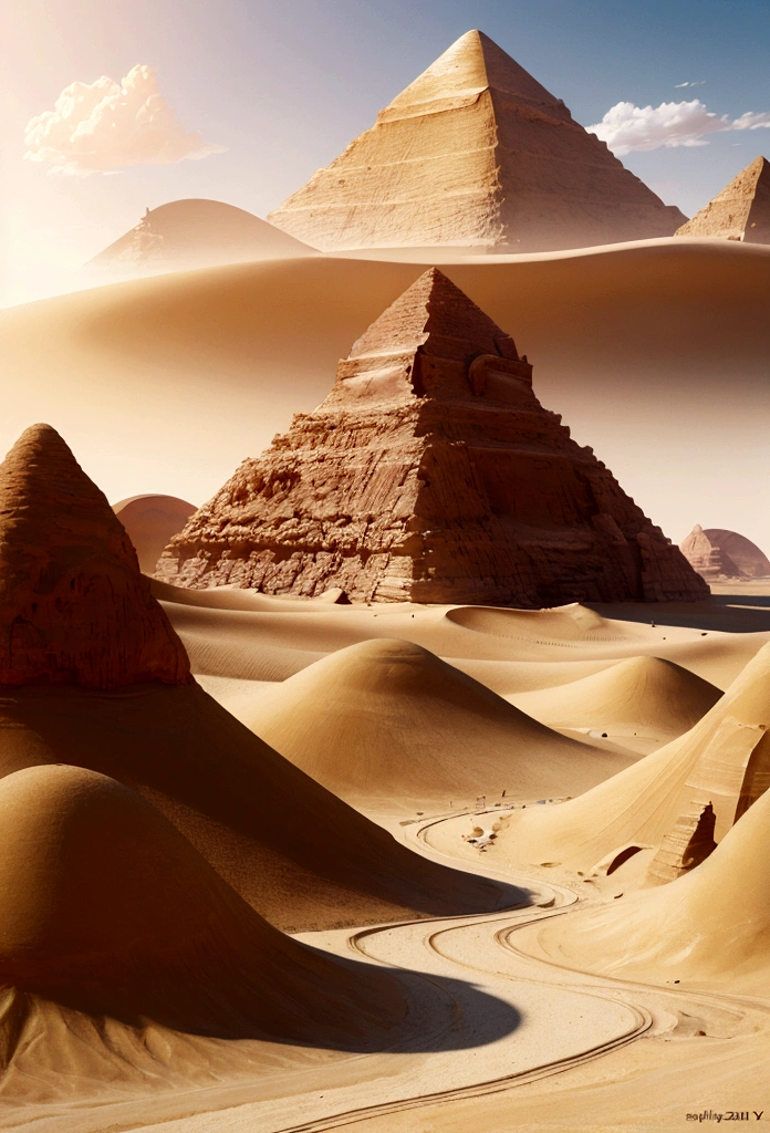 Yellow sand in the sky，The background is a vast desert，the sphinx，digital landscape art, Detailed scenery —width 672, landscape artwork, environment design illustration, scenery art detailed, Desert oasis landscape, concept-art, 4k highly detailed digital art, 4 k digital painting, 4k digital painting, stunning digital illustration, Desert background, digital painting concept art, Detailed digital painting