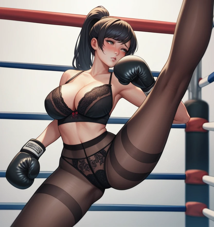 Korean beauty boxer，18 years old,Pretty Face，Good shape，detailed picture, Shy expression， blush，White high ponytail, Wear sexy lingerie, Wear black pantyhose, Wearing black boxing gloves，Boxing match in the boxing ring，Large Breasts,Cleavage,Long legs，Thin waist，nipple