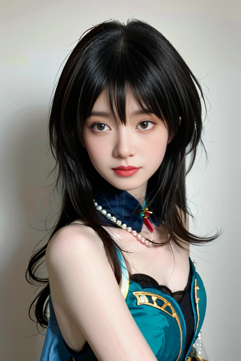 best quality, tmasterpiece,Ultra-high resolution,Clear face,(Reality:1.4),ferpect lighting,upper body photo:1.3), (photorealistic:1.50), anime wallpaper, Guviz style artwork, cover-up fantasy up to magic , by Yang J, Guviz, beautiful artwork illustration, beautiful digital artwork, beautiful digital illustration, Li Song, beautiful anime portrait, art style in Beauvot, 1girl, 独奏, looking at viewer, smiling, closed mouth, bangs, hair between eyes, RUANMEI cosplay costume, chinese dress, chinese clothing, cosplay, RUANMEI, dress, gloves, elbow gloves, hair decoration, jewelry, high heels, indoor, In the room, Hallway, Door,