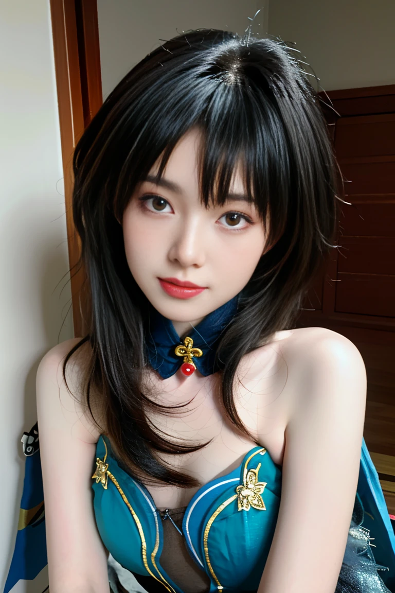 best quality, tmasterpiece,Ultra-high resolution,Clear face,（Reality：1.4），ferpect lighting，upper body photo:1.3), (photorealistic:1.50), anime wallpaper, Guviz style artwork, cover-up fantasy up to magic , by Yang J, Guviz, beautiful artwork illustration, beautiful digital artwork, beautiful digital illustration, Li Song, beautiful anime portrait, art style in Beauvot, 1girl, 独奏, looking at viewer, smiling, closed mouth, bangs, hair between eyes, RUANMEI cosplay costume, chinese dress, chinese clothing, cosplay, RUANMEI, dress, gloves, elbow gloves, hair decoration, jewelry, high heels, indoor, In the room,  Hallway, Door,