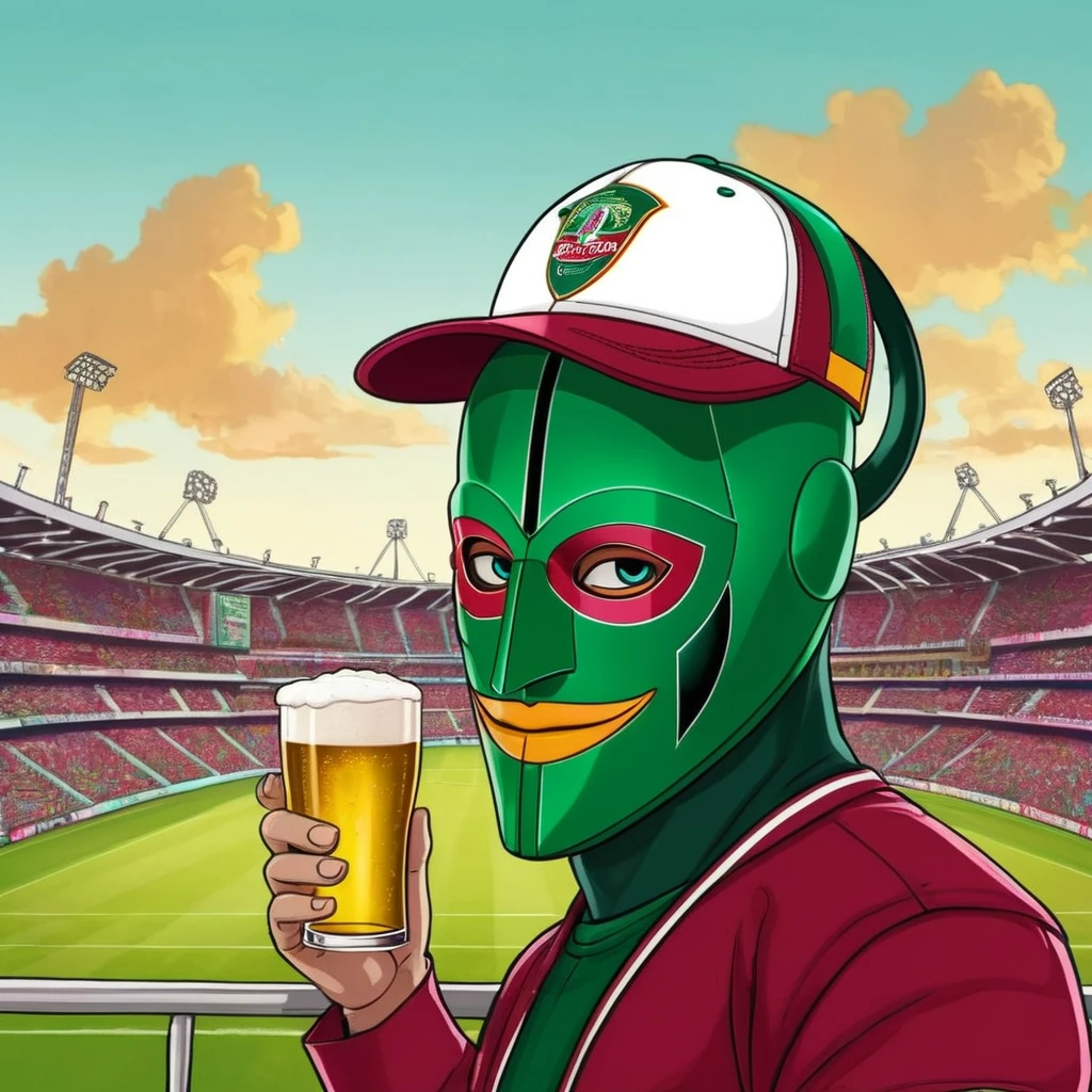 drawing art, The Mask XL, Wearing a Fluminense outfit, Drinking beer, with stadium in the background, cartoon-like, chave visual, Vibrant, studio drawings, highy detailed