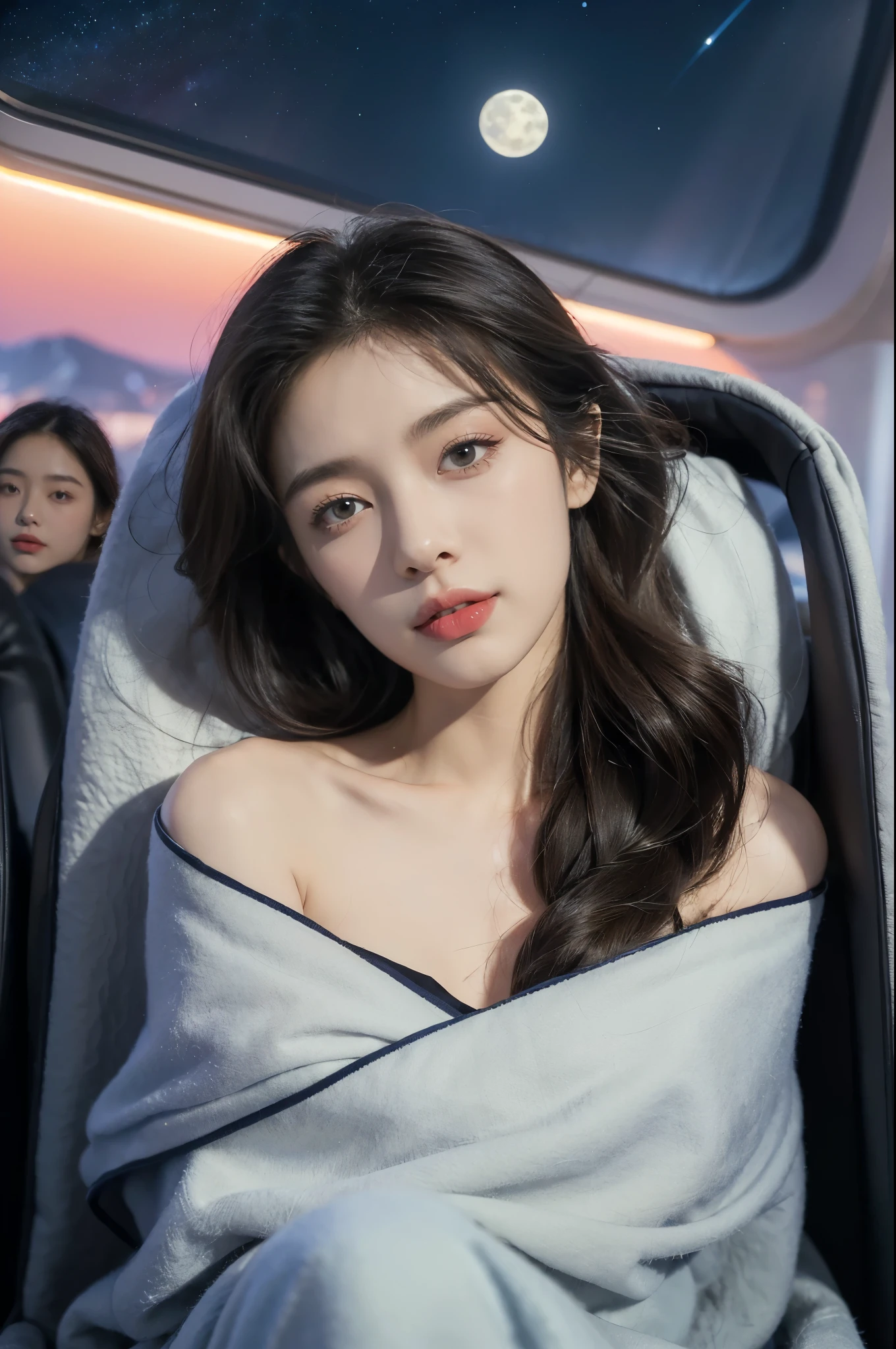 (((best quality))),(((ultra detailed))),(((masterpiece))),illustration,(a beautiful girl,female passenger,solo),((slim,thin,small breasts,flat chest)),(slender legs:1.2),summer night,((in airplane,economy class,indoor)),(blanket over shoulders:1.3),((dress)),(shoulder length straight bob hair:1.2),stars,moonlight,smooth flight,engine sound,lullaby,relaxed,excited,happy,visiting family,comfortable seats,soft fabric,headrests,adjustable,beauty of night sky,thinking about family,friends,dimmed lights,sleeping passengers,movies,personal screens,staying awake,magic of sky,joy of being with family,memorable journey,adventures,(surrounded by crowded crowds:1.3),(Outside the window is high-altitude night view:1.2),((from front,upper body))